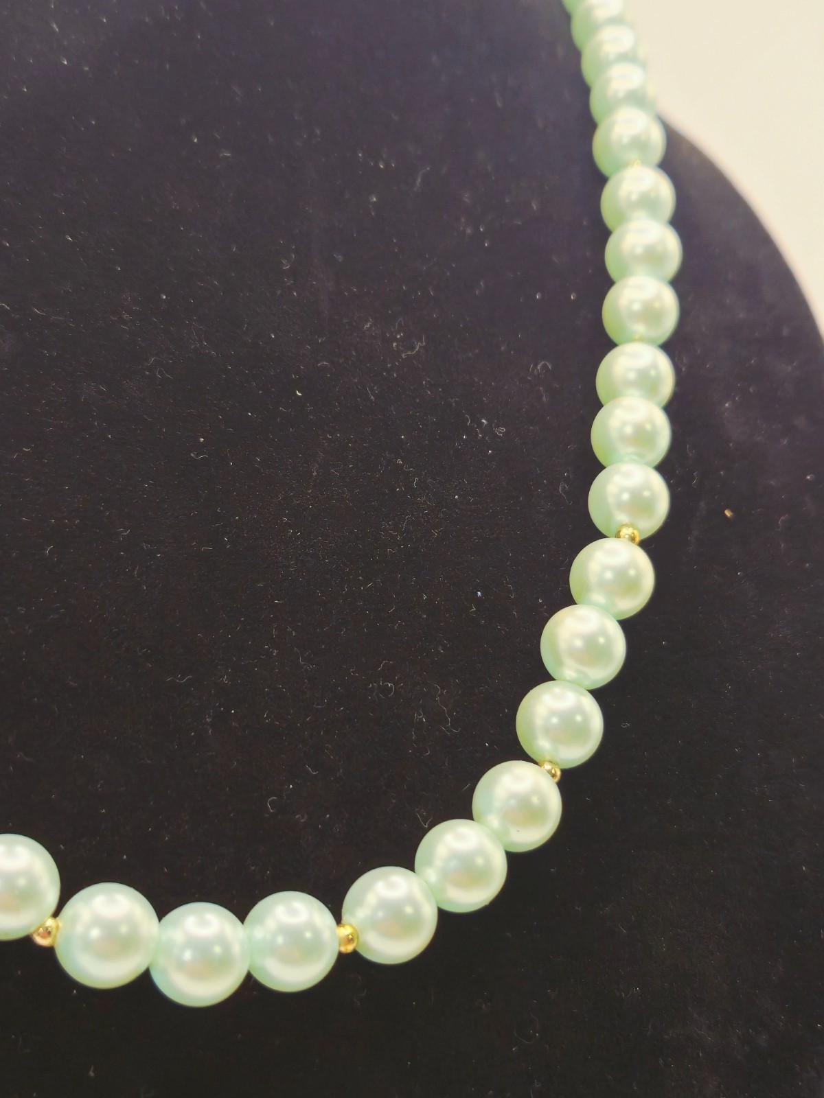 Vintage Mint Green Faux Pearl Necklace Gold Tone Spacers Elegant Costume Jewelry