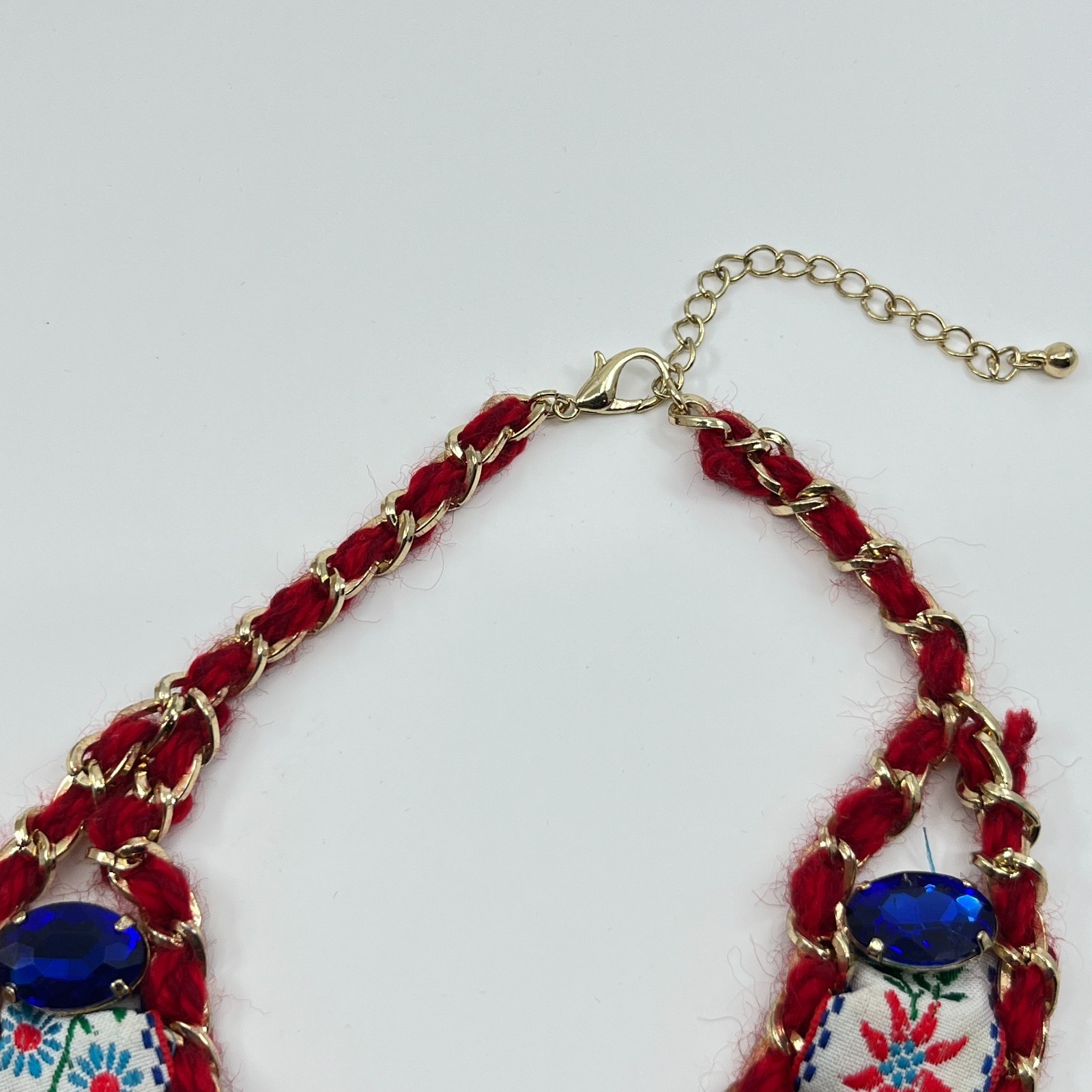 VTG Boho Red Woven Chain Collar Necklace Blue Rhinestone Floral Ribbon Statement
