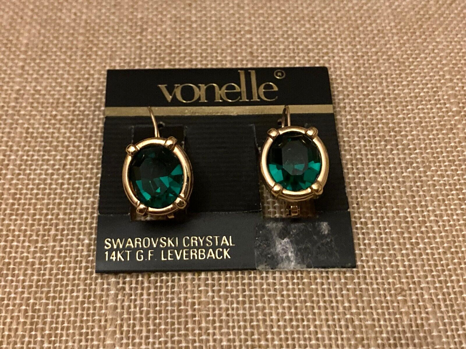 Vintage VONELLE Swarovski Green Crystal Earrings 14KT GF Leverback On Brand Card