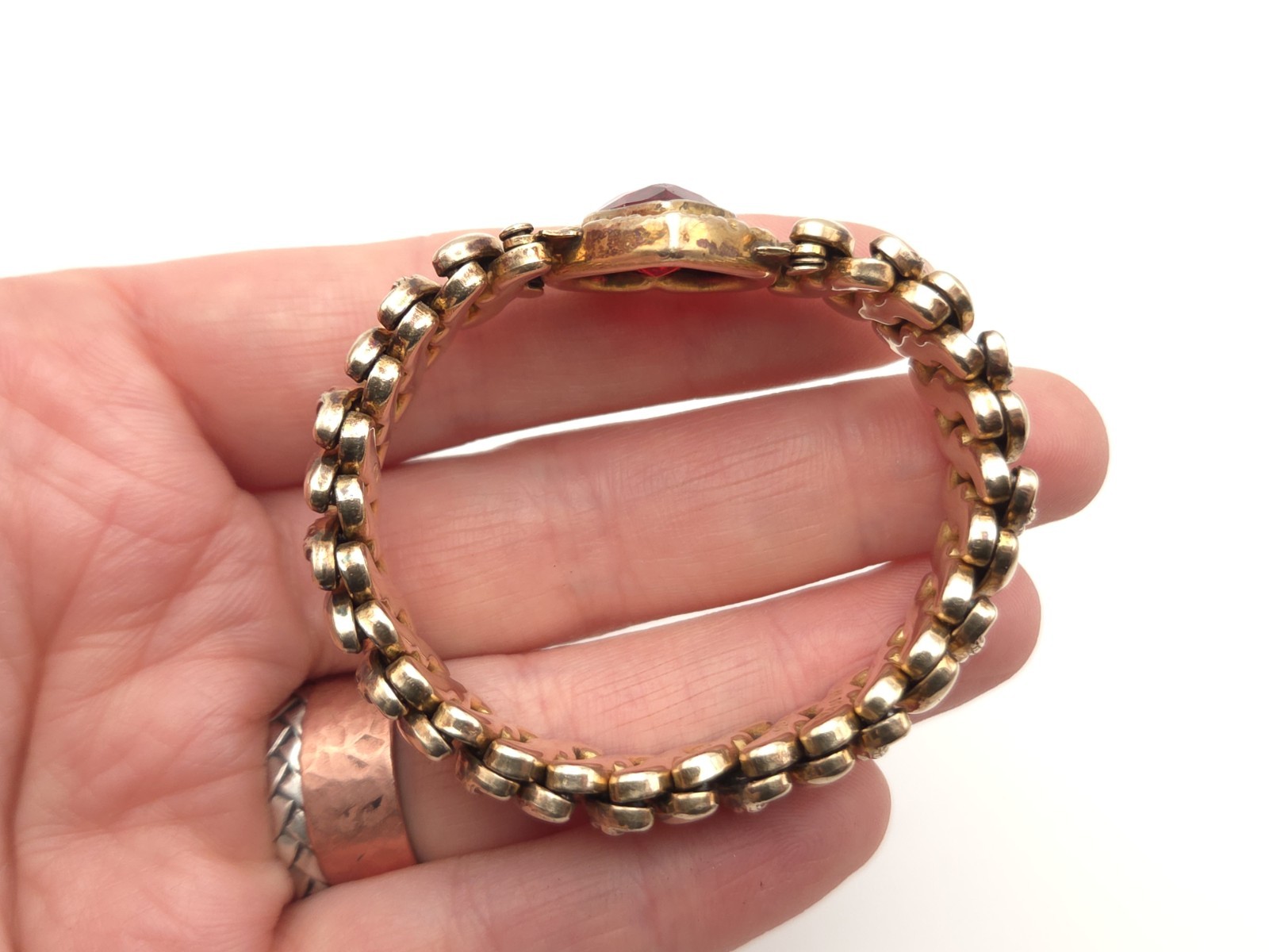 Vintage DFB Carmen Deluxe Gold Filled Sweetheart Red Glass Expansion Bracelet