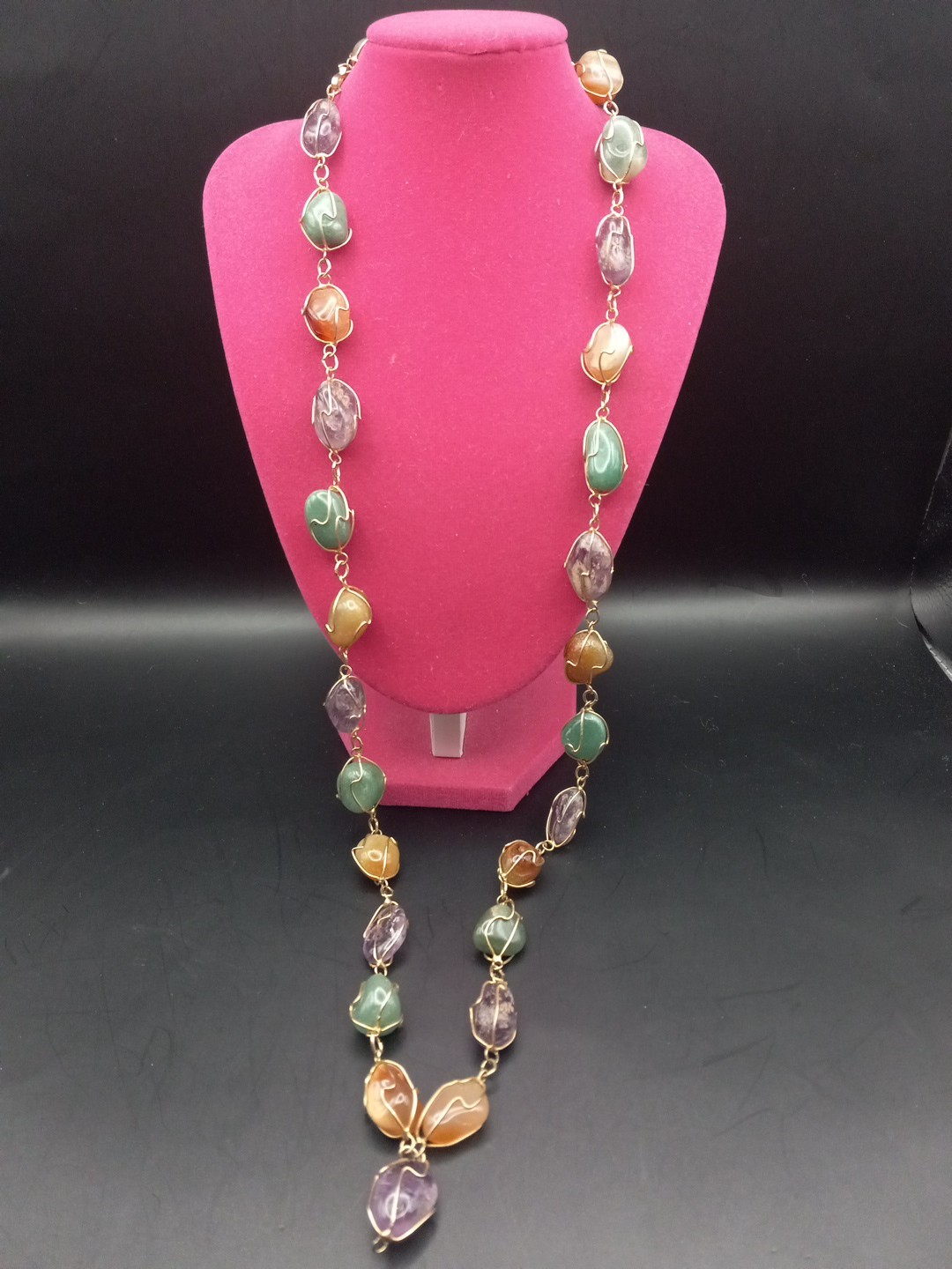 Vintage Amethyst, Jade Agate, Carnelian Goldgilt Wire Long Necklace