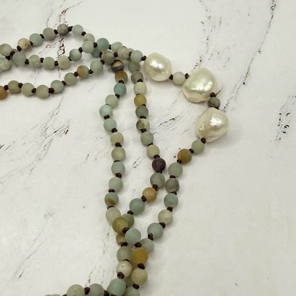 Amazonite Bead Natural Color Lariat Wrap Necklace Baroque Pearl Tassel Ends