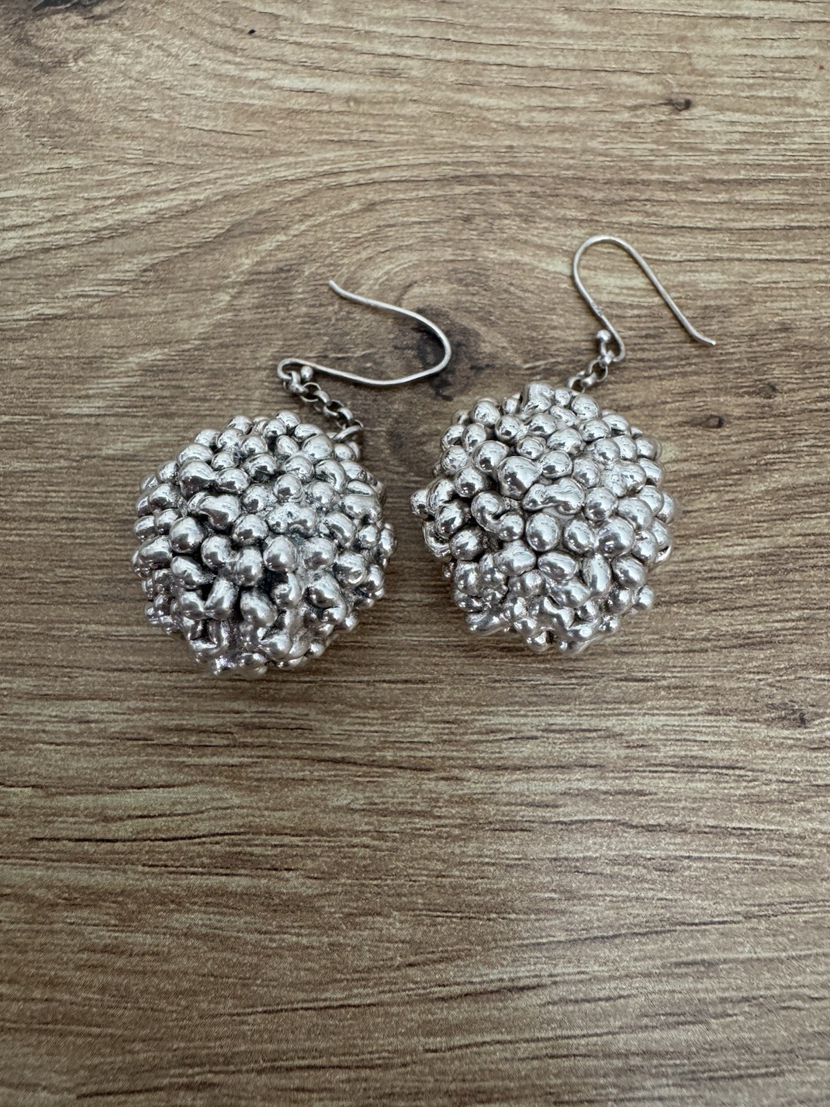 Vintage Silver Tone Textured Round Cluster Ball Dangle Drop Hook Earrings