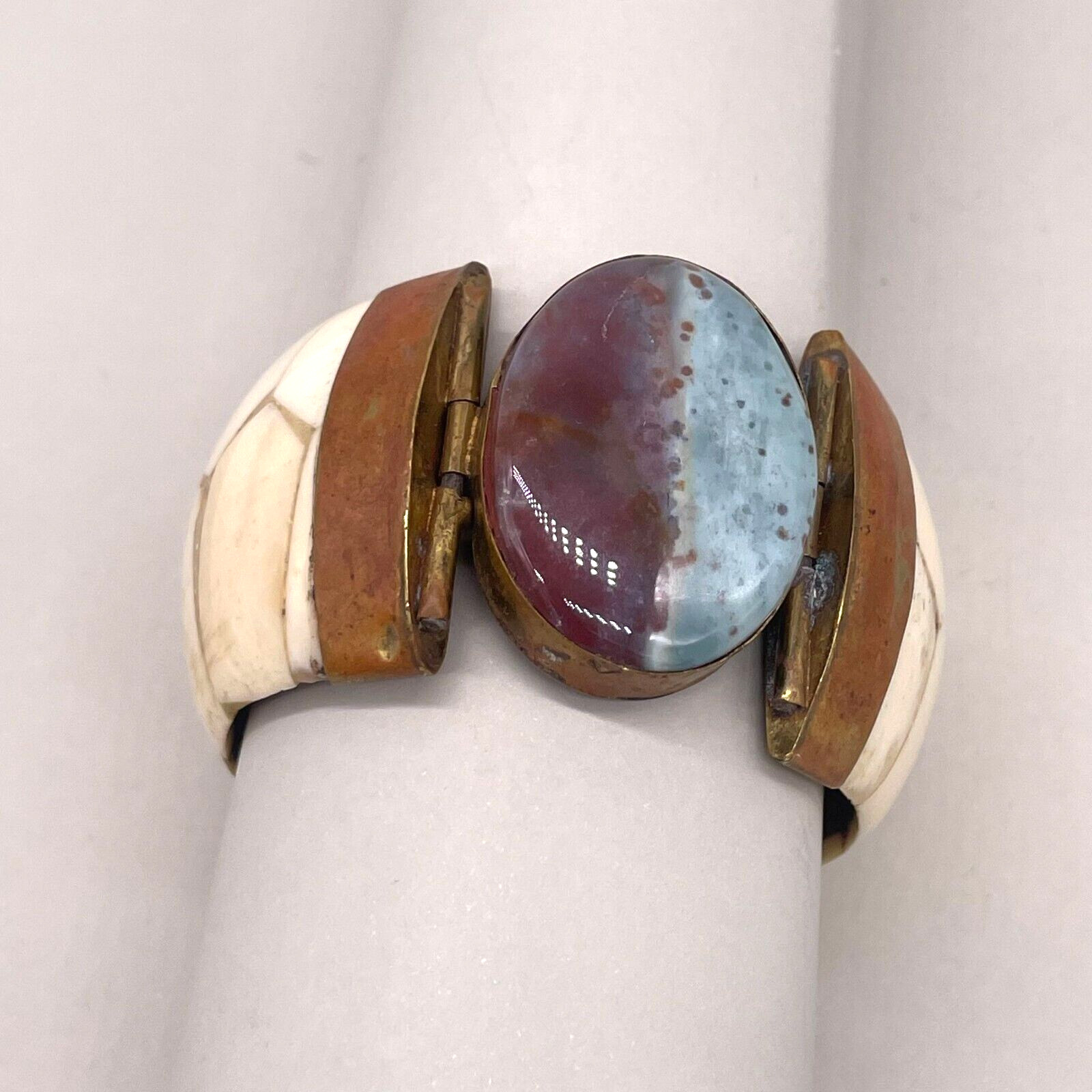 Vintage Brass Stone Wide Bangle Hinged Pin Bracelet Chunky African Tribal Ethnic