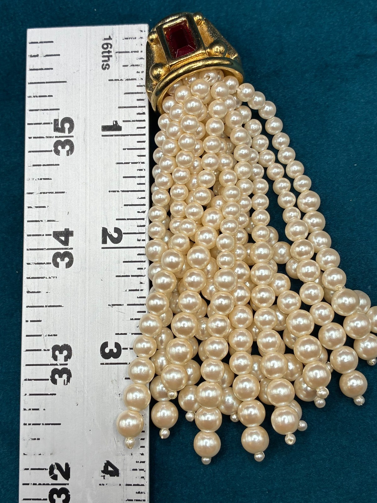 Vintage Givenchy Tassel Faux Pearl Gold Tone Red Glass Accent Part Only READ