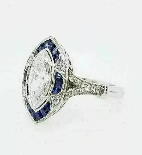 Art Deco Style Marquise Cut Lab Created Diamond 925 Silver Engagement Ring