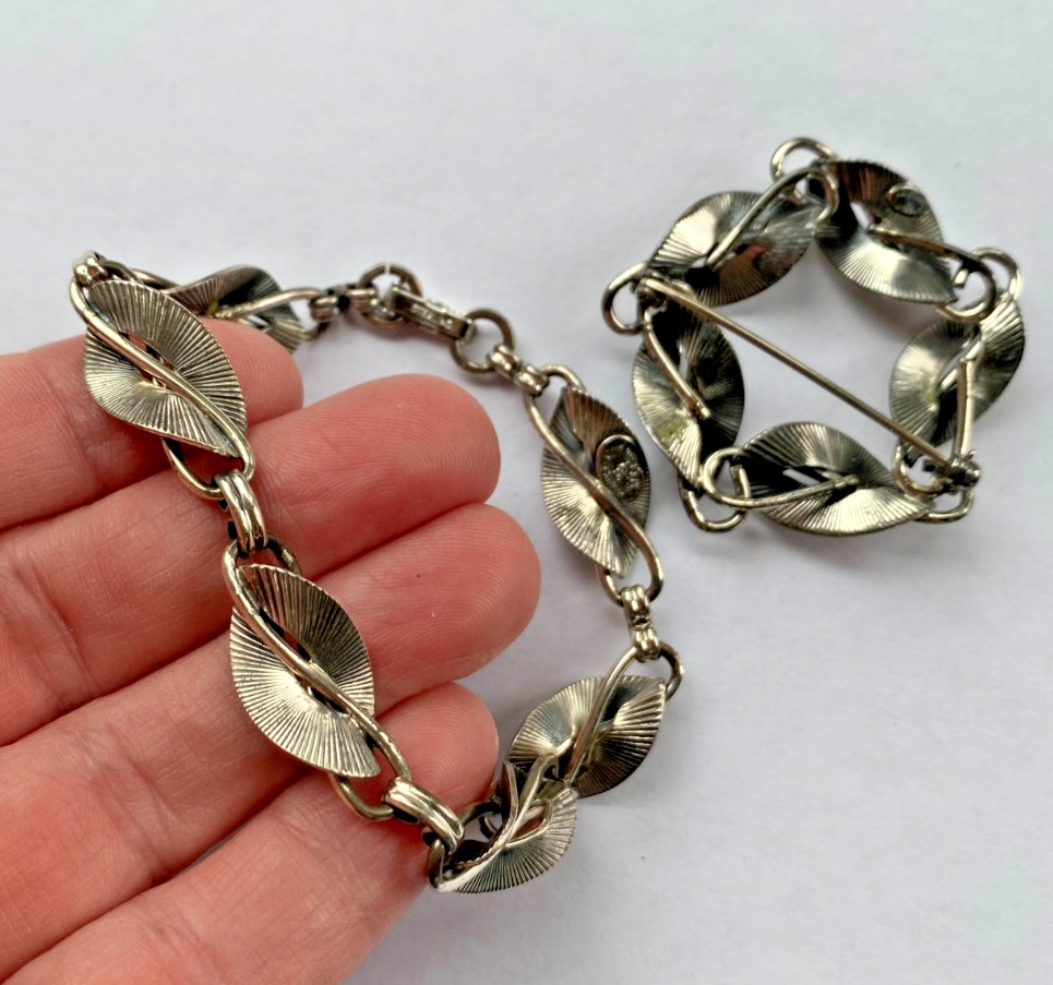 Signed Danecraft Sterling 925 Fancy Leaf Link Bracelet & Pin Brooch Set