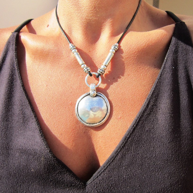 Boho Silver Tone Tribal Pendant Necklace Leather Cord Tribal Boho Tribal Choker