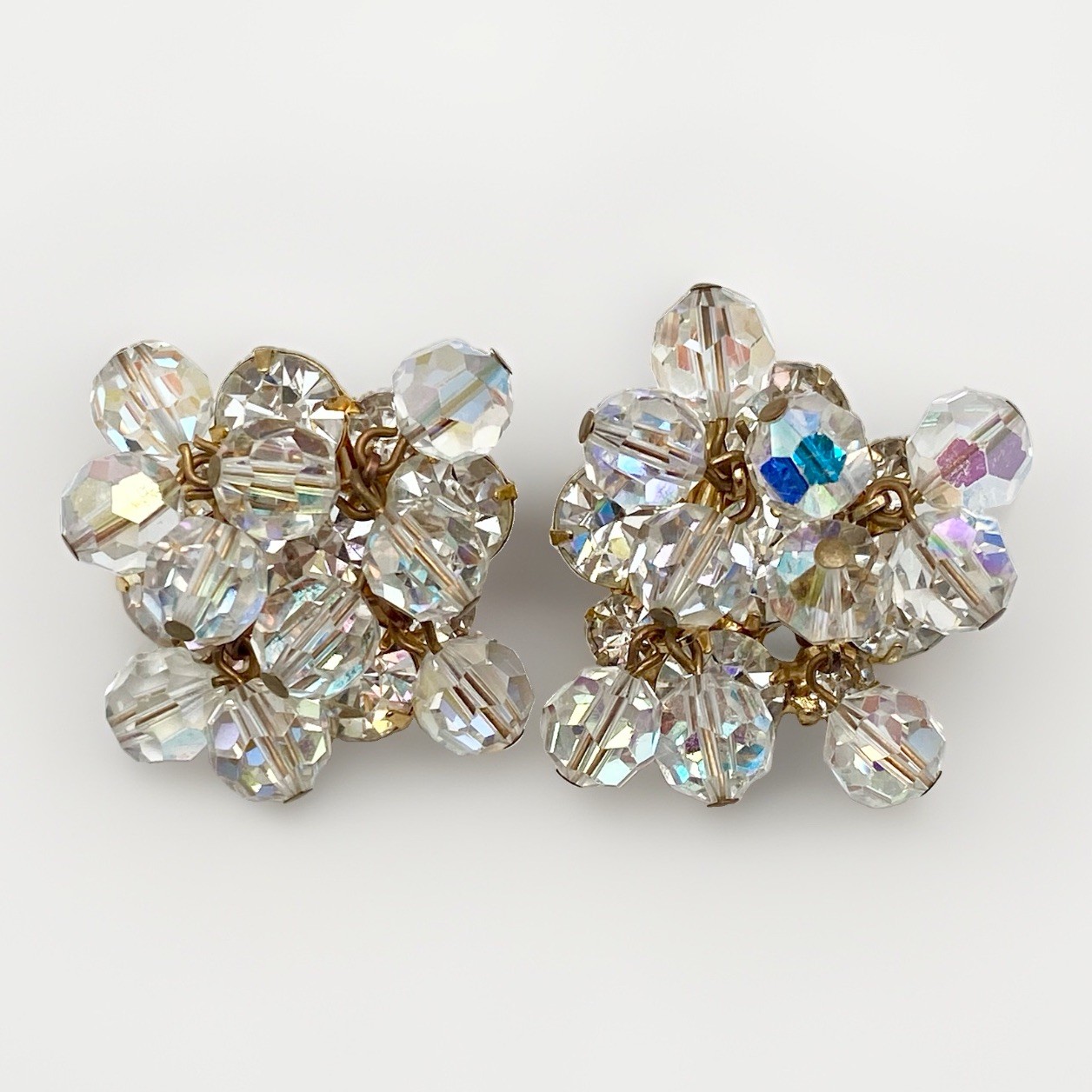Vintage 1950s Finer Aurora Borealis Crystal Cluster Clip Earrings Bridal Couture