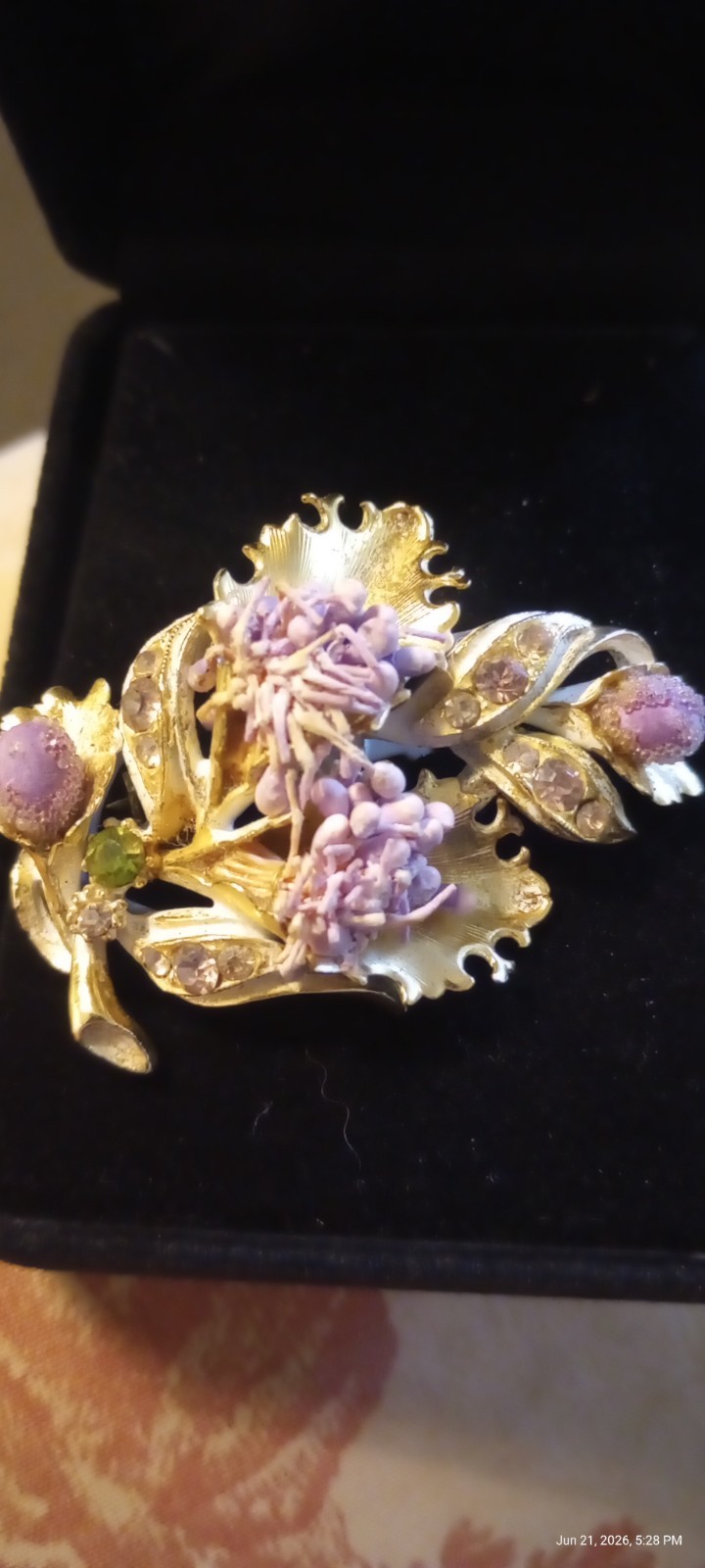 Vintage Florenza rhinestone lavender buds brooch