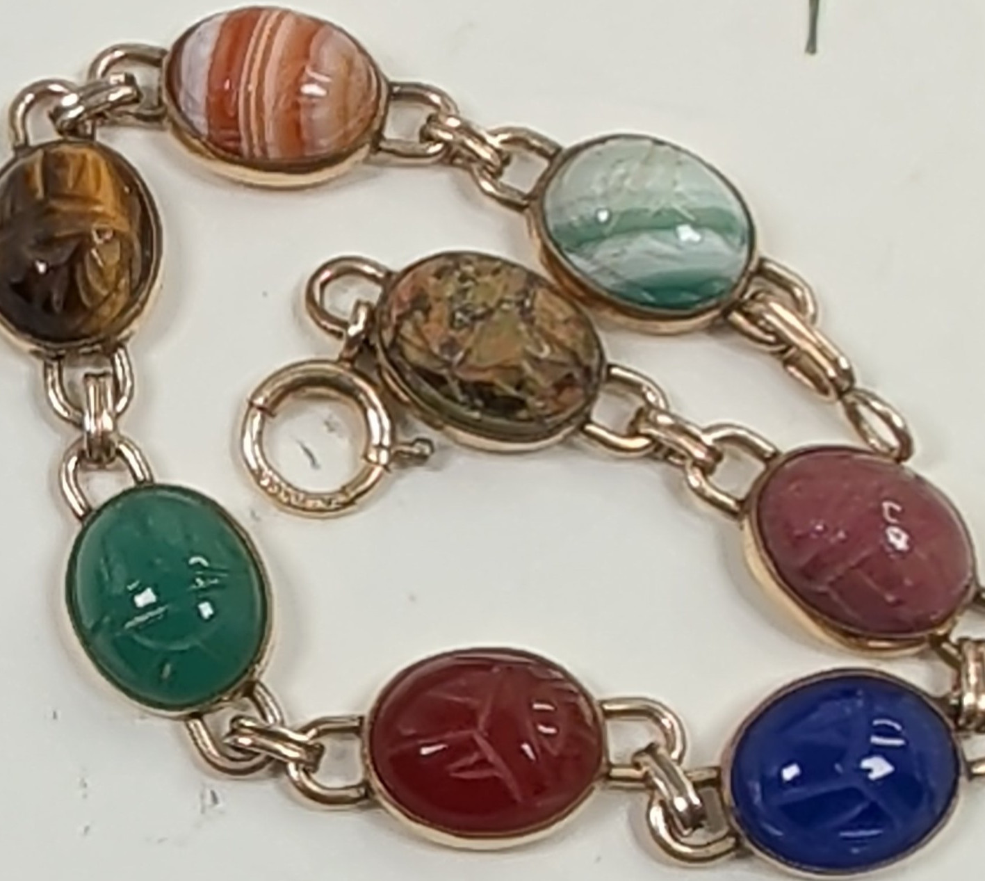Vintage WRE 1/20 12K GF Gold Filled Multi Gemstone Carved Scarab Link Bracelet
