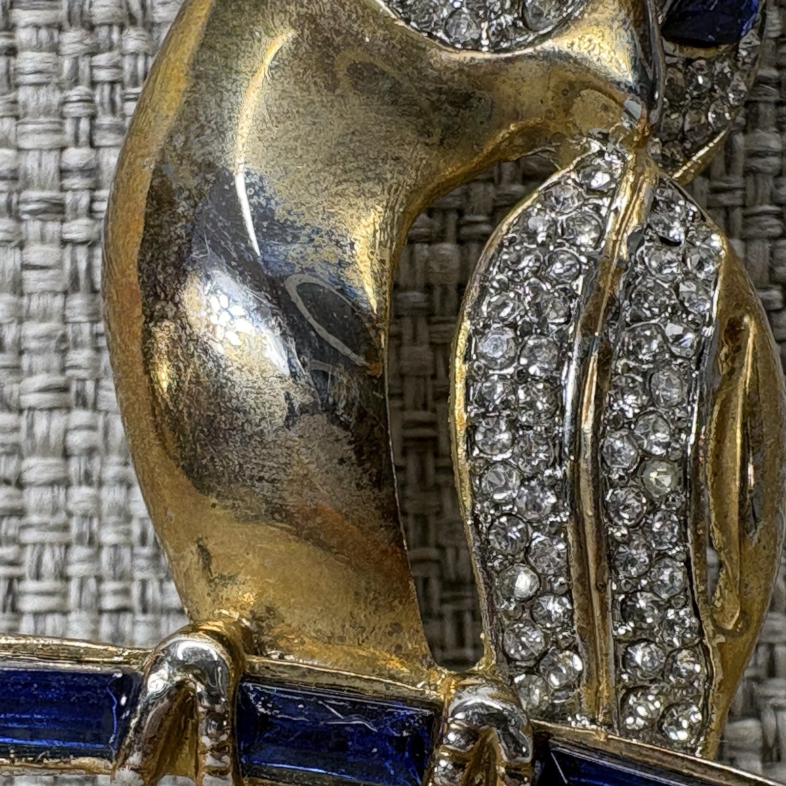 Vintage Gold Tone Owl Brooch Blue Baguette Eyes Rhinestone Pave Figural Pin
