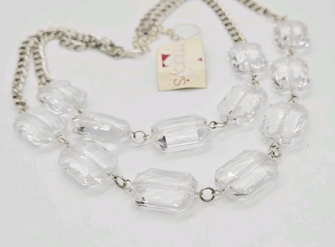 Clear Lucite Layered Necklace Silver tone Art Deco Link Chunky Macy’s 21 in