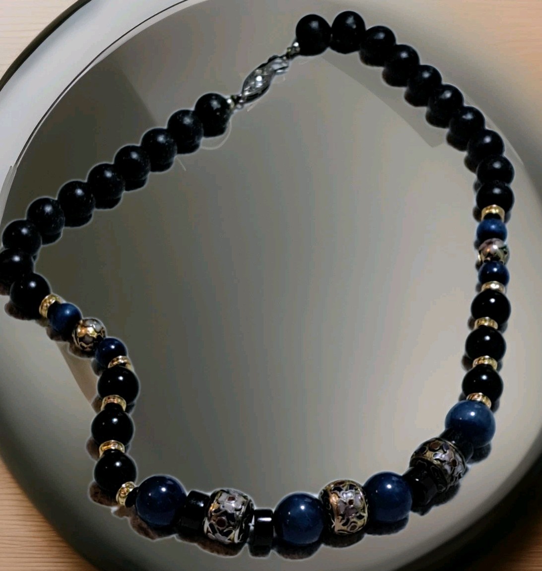 Estate Vintage Stunning Cloisonne Blue Sodalite Lava Bead Statement Necklace EUC