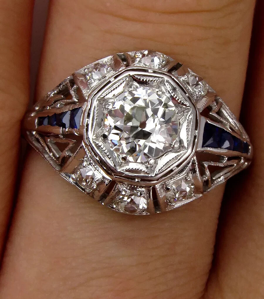 Art Deco 4Ct Lab Created Diamond & Sapphire 14K White Gold FN Engagement Ring