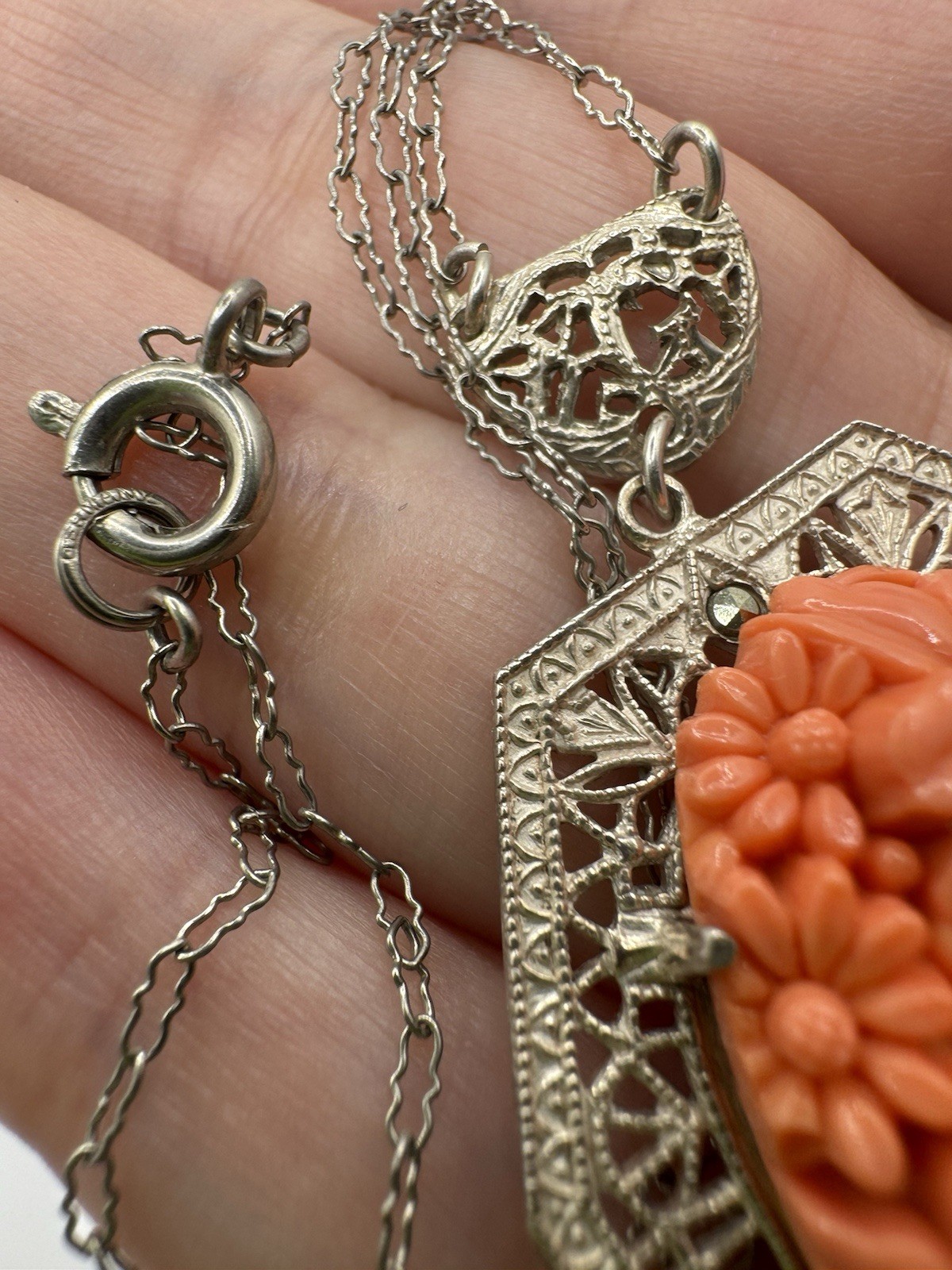 Antiqued ART DECO designed GERMANY faux Coral Carved Filigree Necklace Pendant