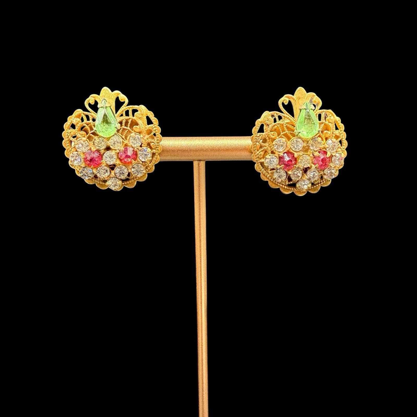 1950s Rhinestone Flower Basket Ornate Filigree Gold Tone Clip On Earrings