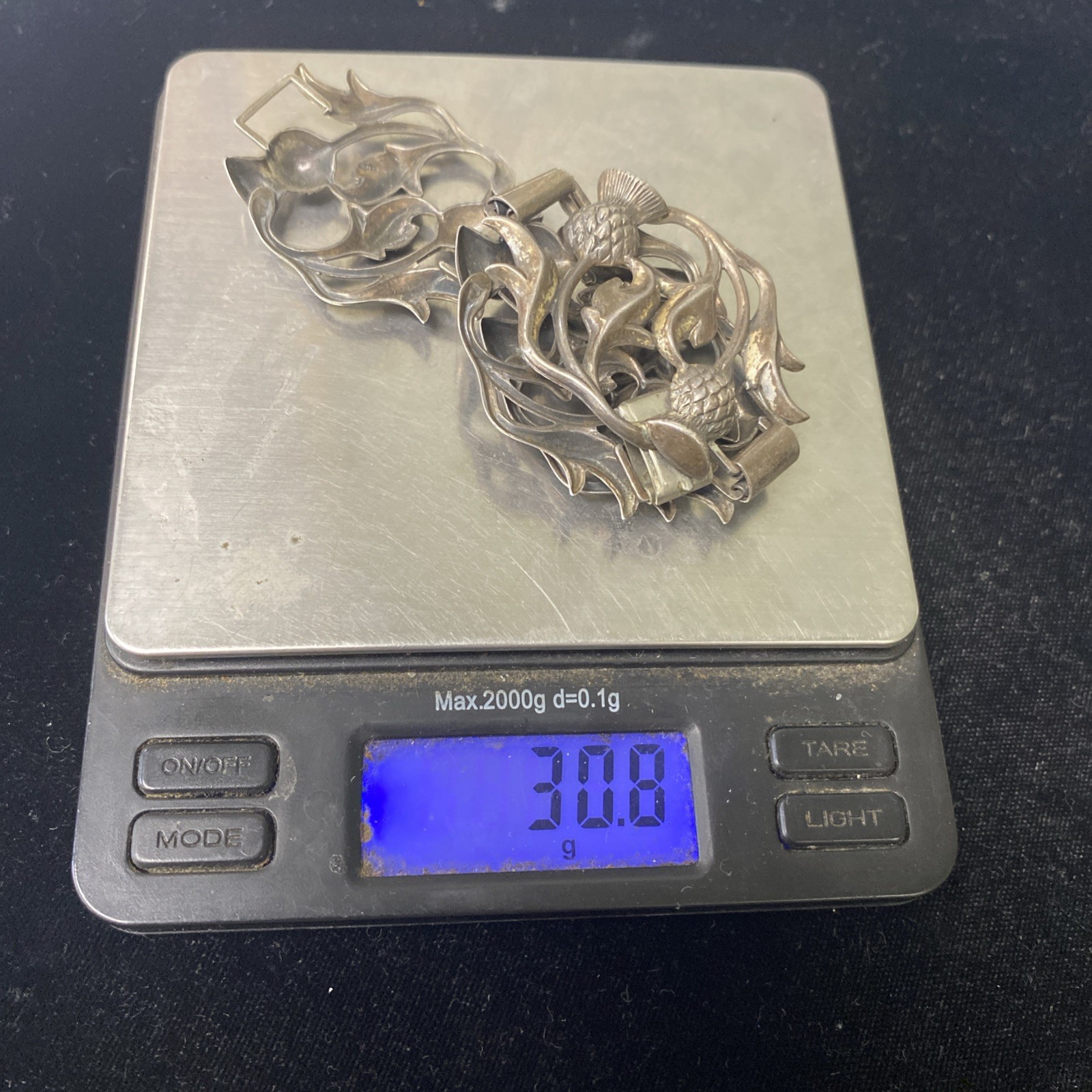 Sterling Silver 7 Inch 30g Panel Bracelet A Repousse Design Of Scottish Thistles