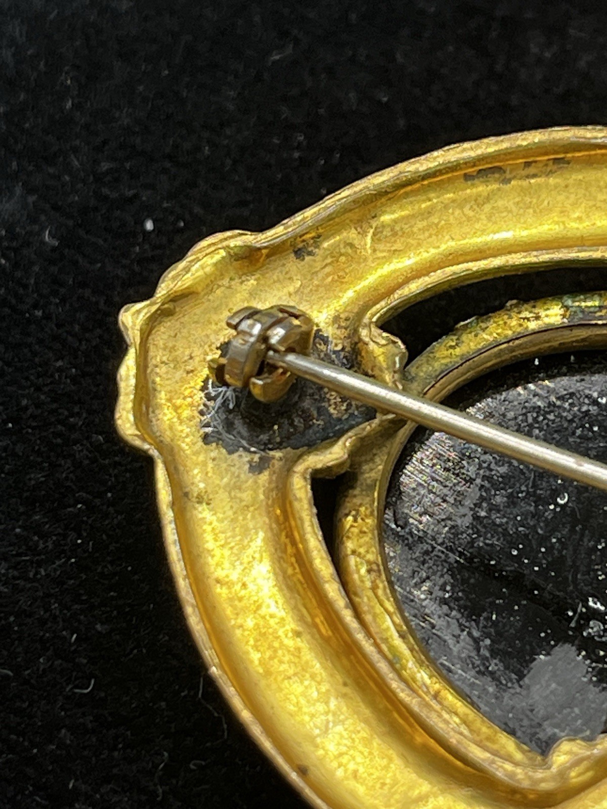 Victorian/Mourning Style VTG. Repousse Brass Black Glass Brooch Faux Pearl 2 1/8