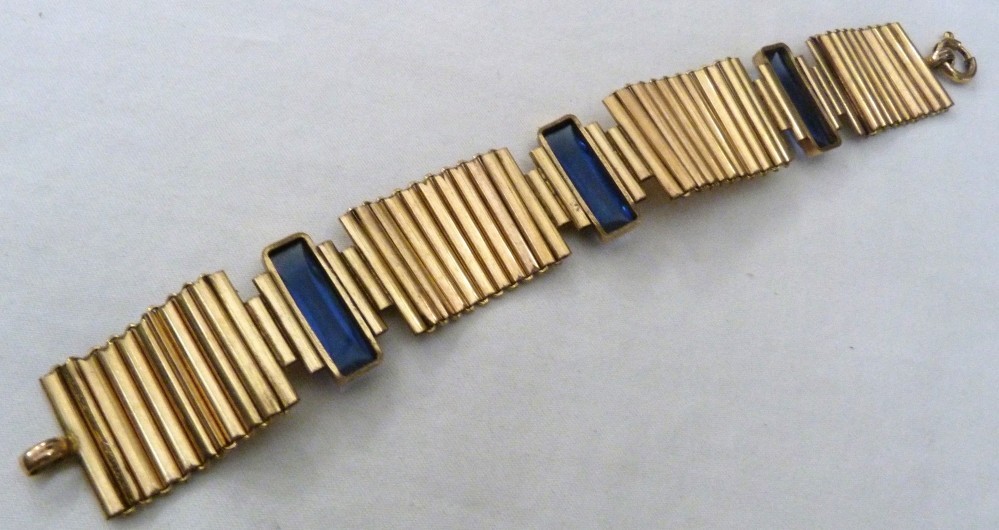 VTG KOLLMAR & JOURDAN ROLLED GOLD ART DECO LINKS SAPPHIRE BLUE GLASS BRACELET