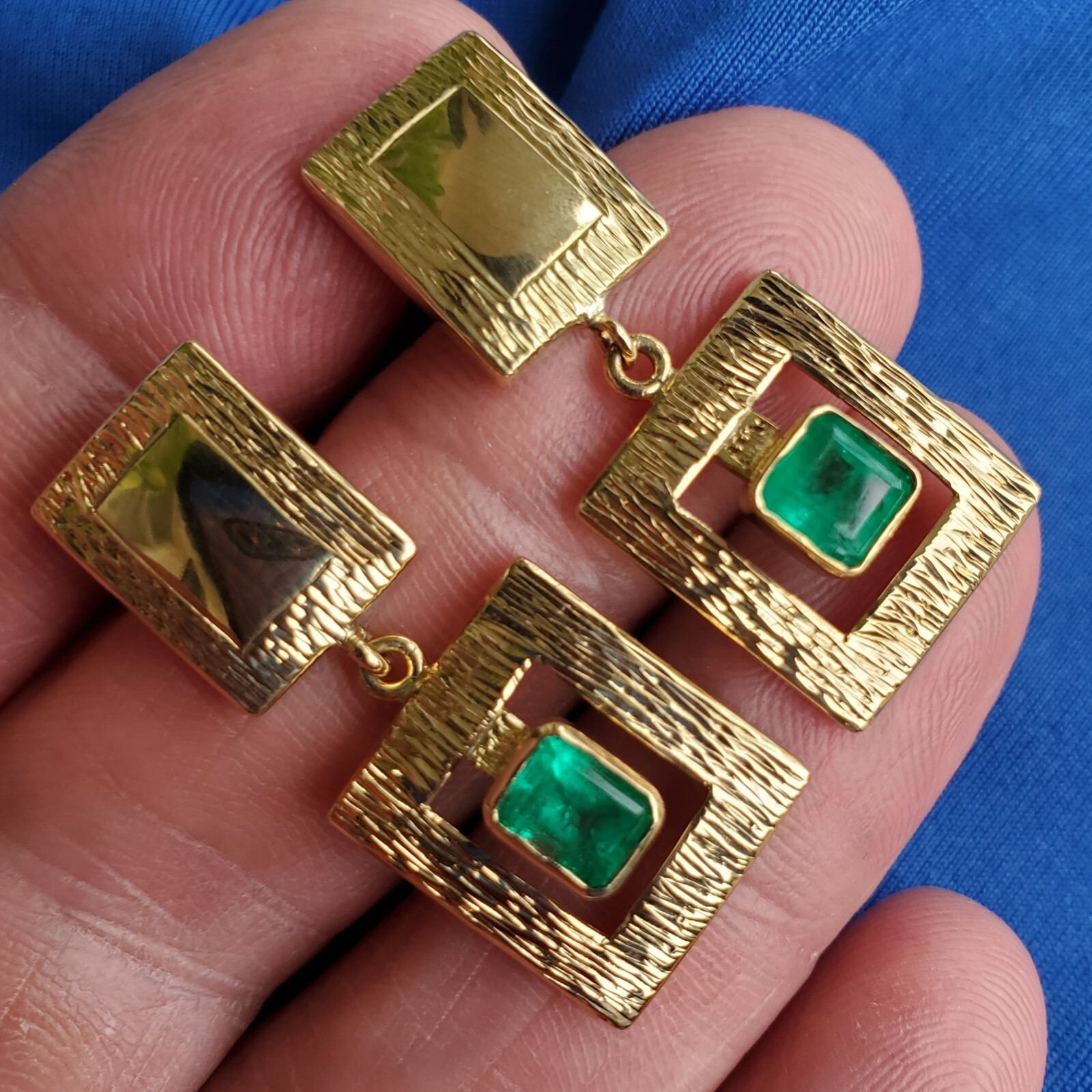 Original EARTH MINED EMERALD Deco Design Earrings Vintage Style Dangles 14K GOLD