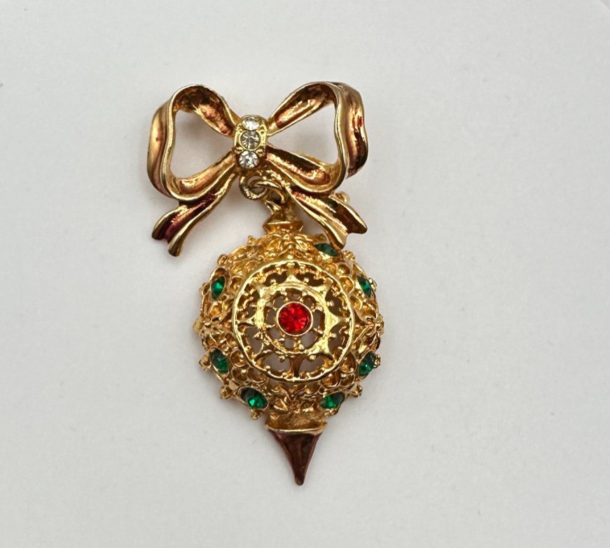 Vintage 90s Gold Tone Rhinestone Bow Ornament Brooch Pin Women’s Classic Jewelry