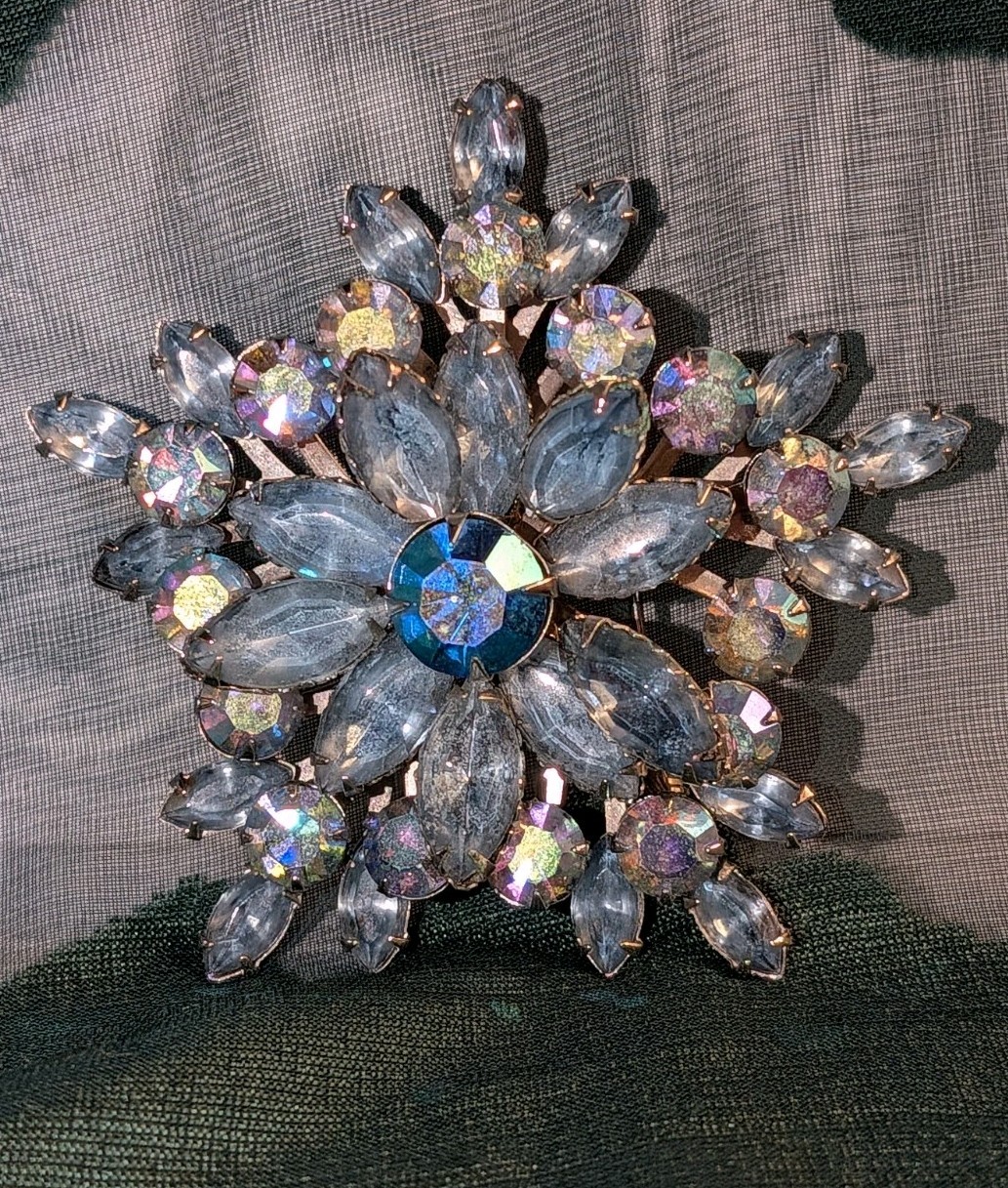Vintage Ice-Blue Rhinestone Snowflake Brooch & Clip Earrings Set, AB, 1960s