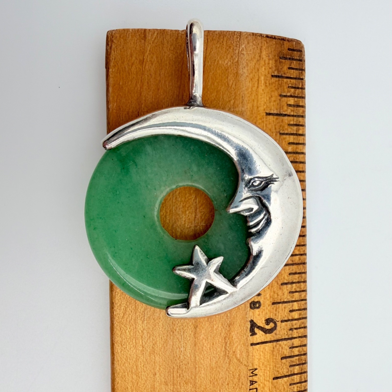 Vintage Crescent Man in the Moon Sterling Silver And Jade Jadiete Pendant NOS