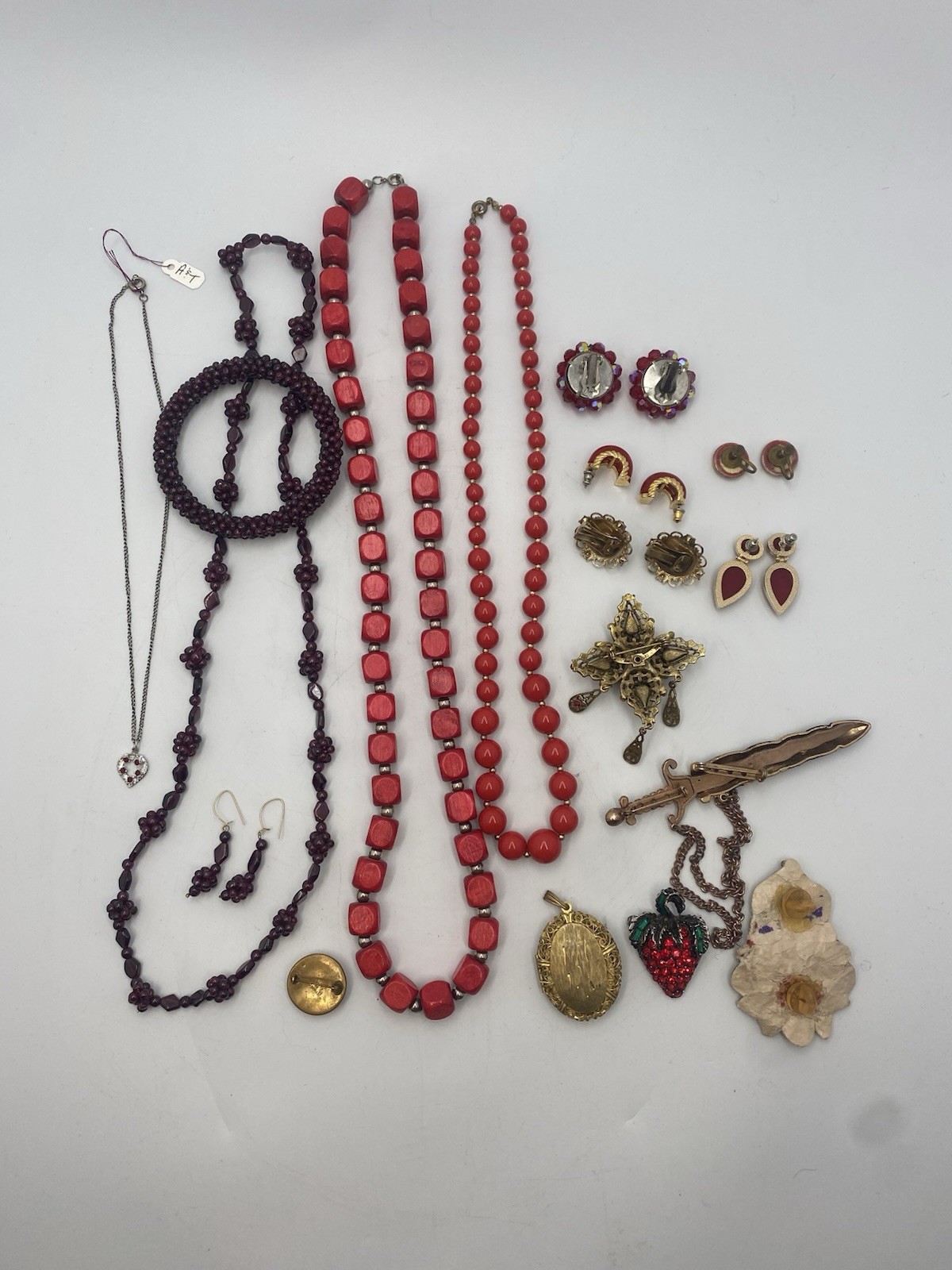 VINTAGE Red Jewelry Lot 17 Pcs 12oz Garnet Set Rhinestone Brooch Movie Prop