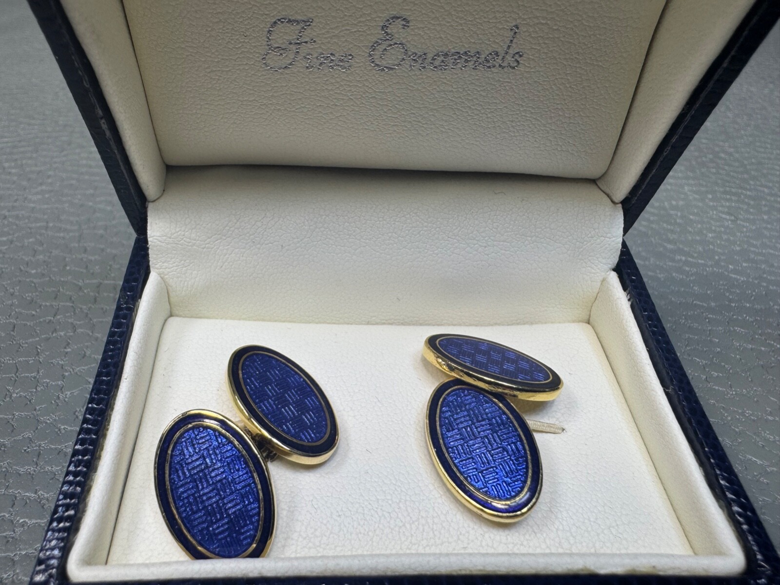 Blue Basketweave Enamel Yellow Gold Plated Cuff Links