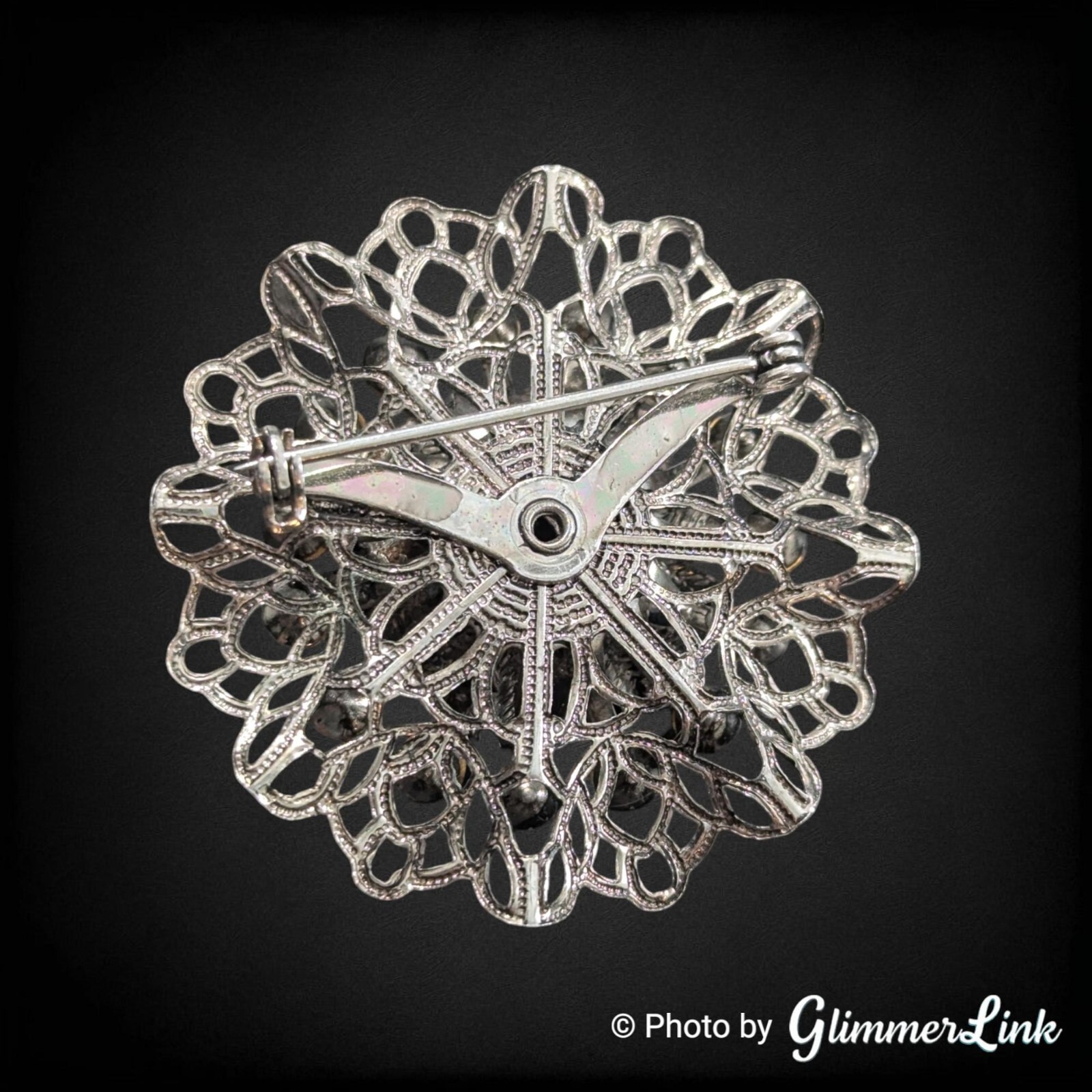 Vintage Filigree Layered Multicolor Rhinestones Floral Silver Tone Brooch