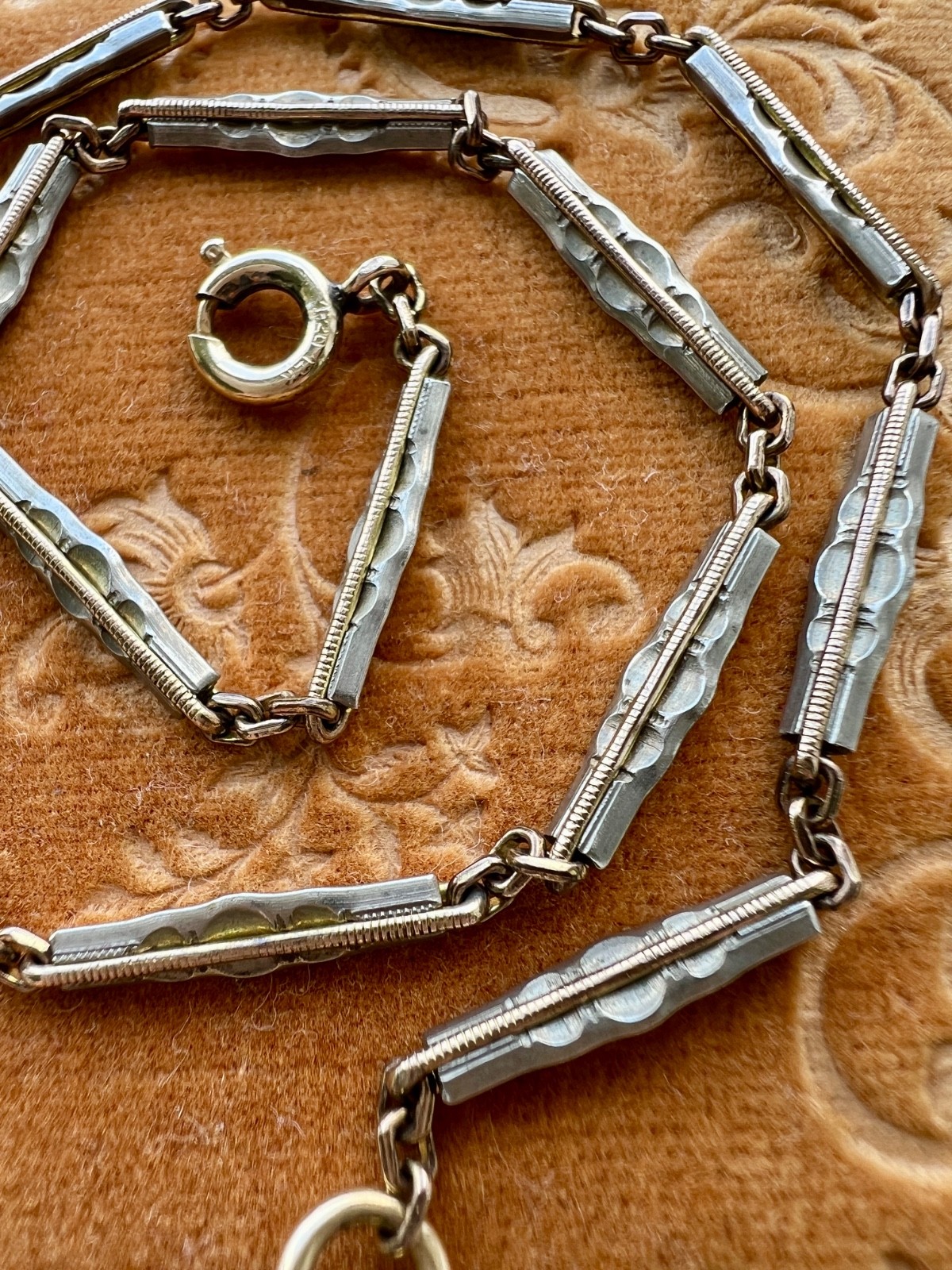 Art Deco 12K Gold Filled Two Tone Bar Link Watch Chain 14″ Swivel Dog Clip