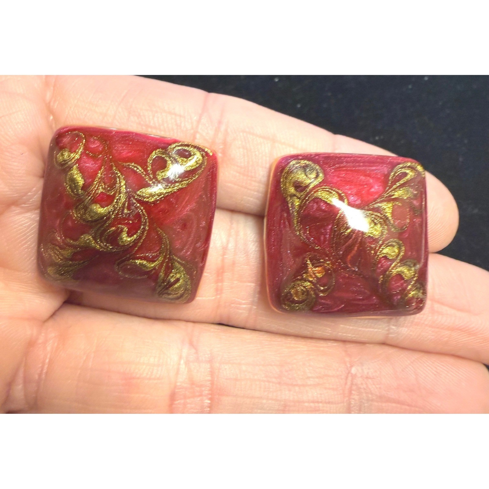 Vintage Red Gold Filigree Marbled Resin Square Stud Statement Earrings 1 Inch