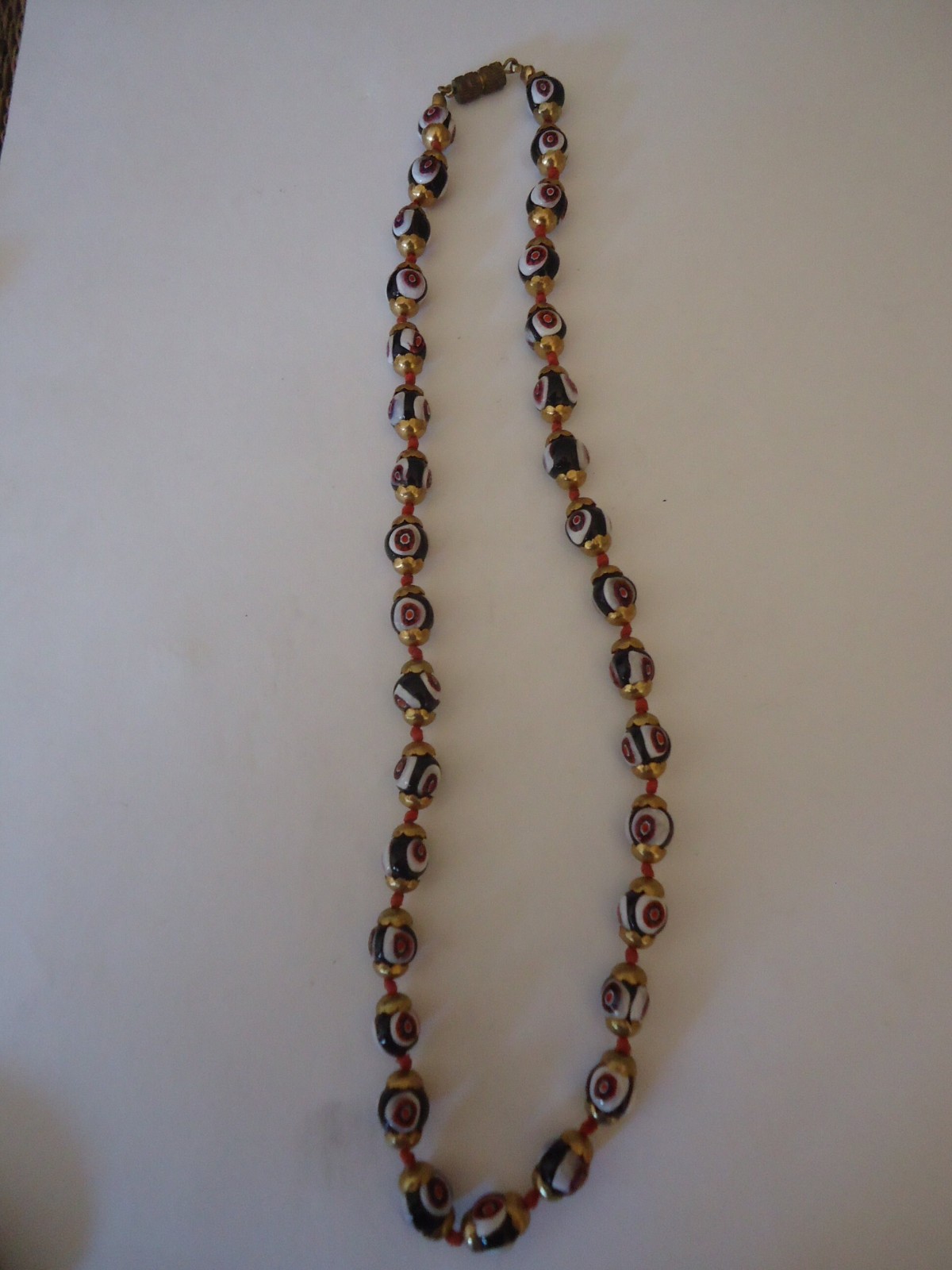 Murano vintage Glass Black, Red and White Millefiori Necklace, 19 1/2″