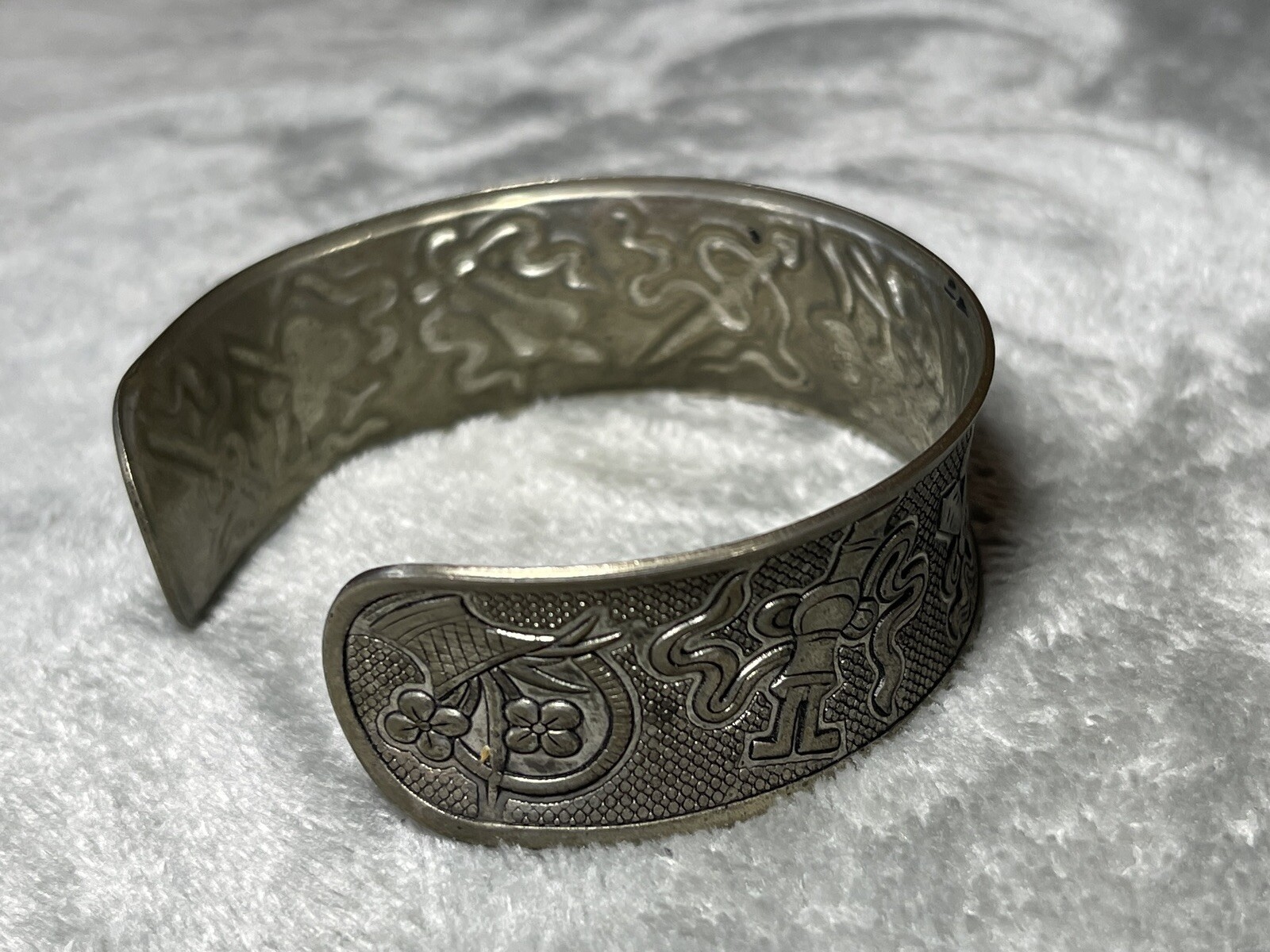 Silver Tone Metal Bracelet w Flowers, Daggers & Other Designs Signed !!