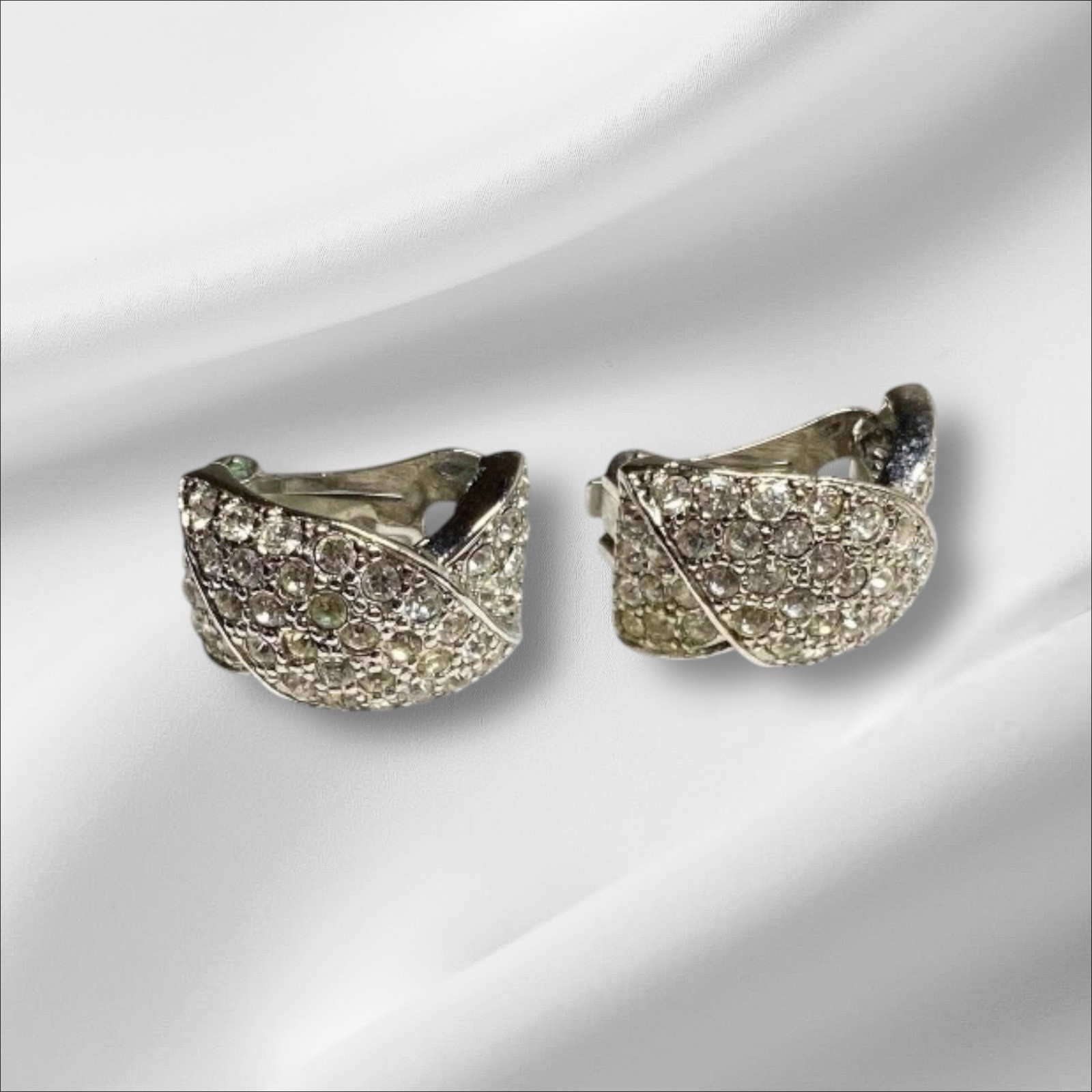 Vintage Silver Tone and Clear Glass Pave Rhinestone Clip Earrings .75″ x .5″