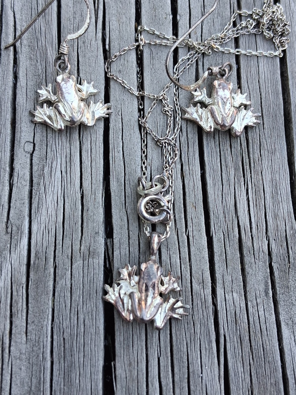 Cute Sterling Silver Frog Necklace & Earrings Set 925 Vintage Jewelry 18″ Chain