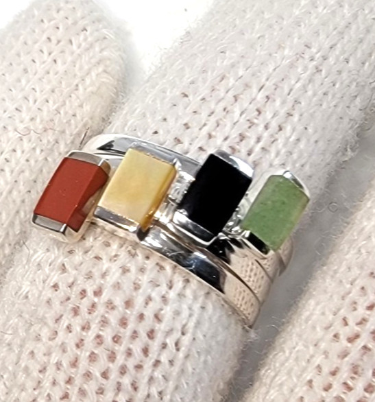 VTG Sterling Silver 925 Inlay Rings Set Of 4, Size 10, Stackable Onyx Aventurine