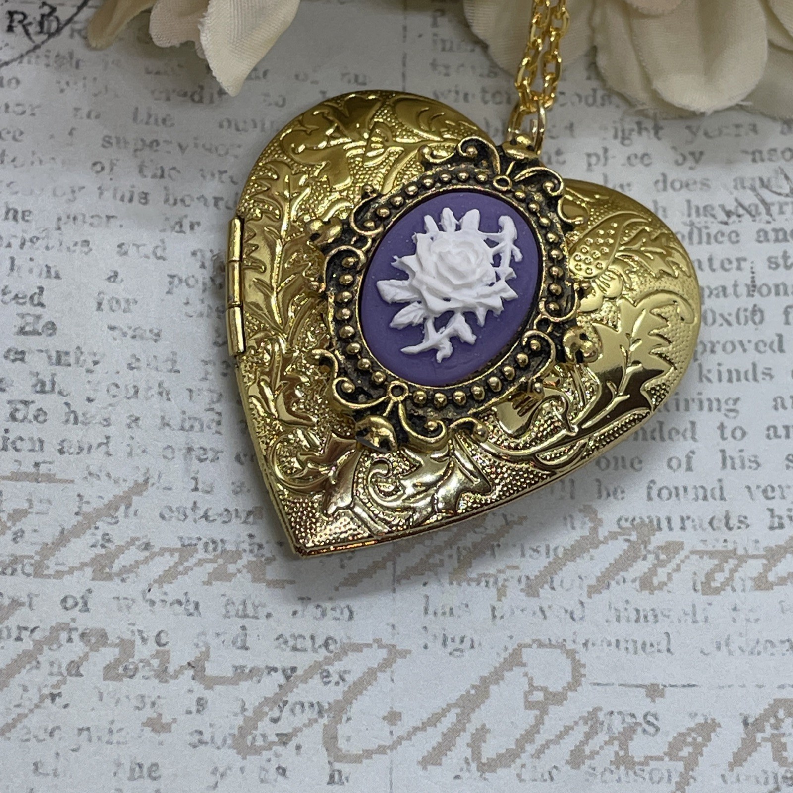 Gold Heart Locket Photo Birthday Anniversary Wedding Purple Rose Cameo Necklace