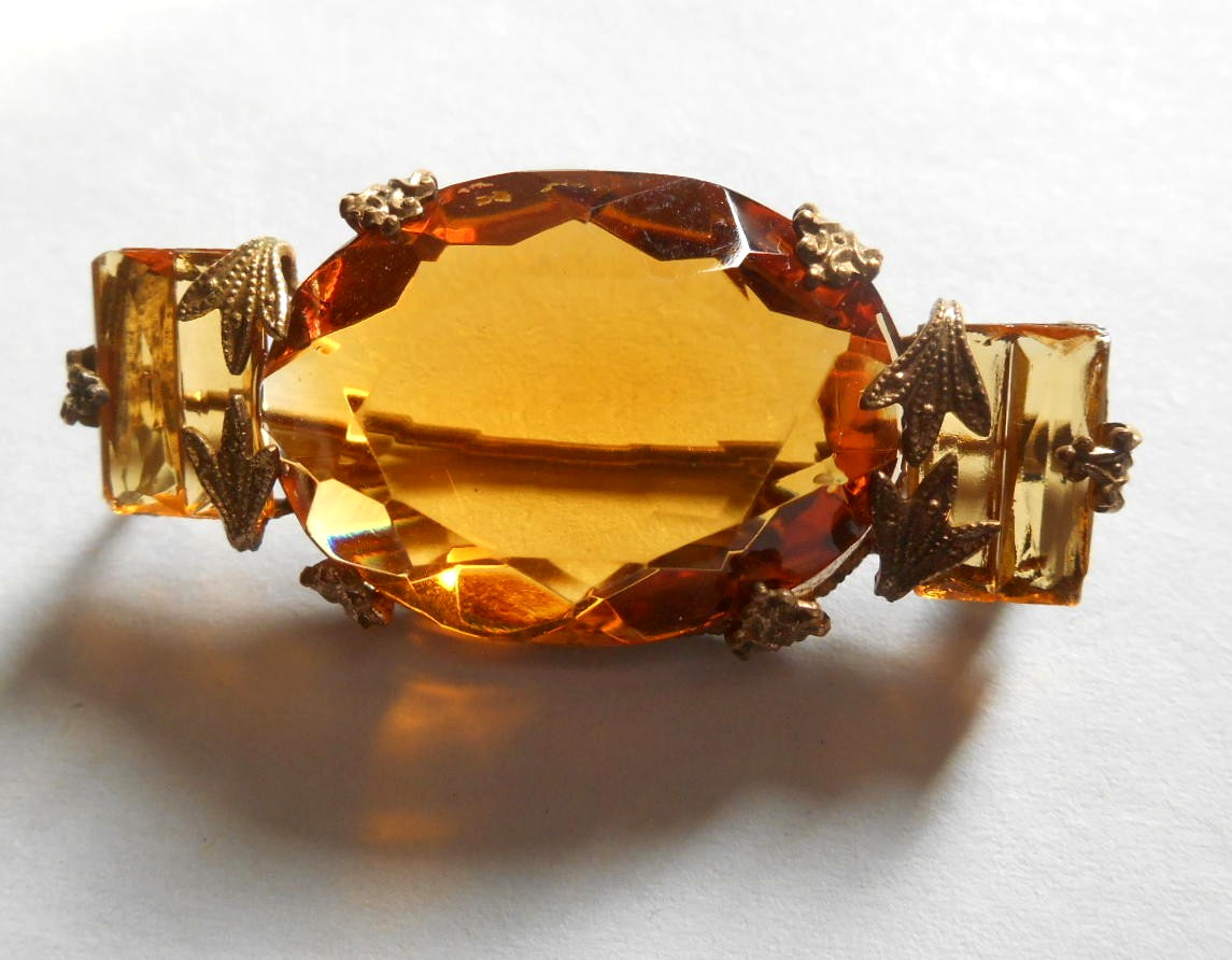 Art Deco Czech Amber Glass Brooch Brass C-Clasp Bohemian Vintage Pin