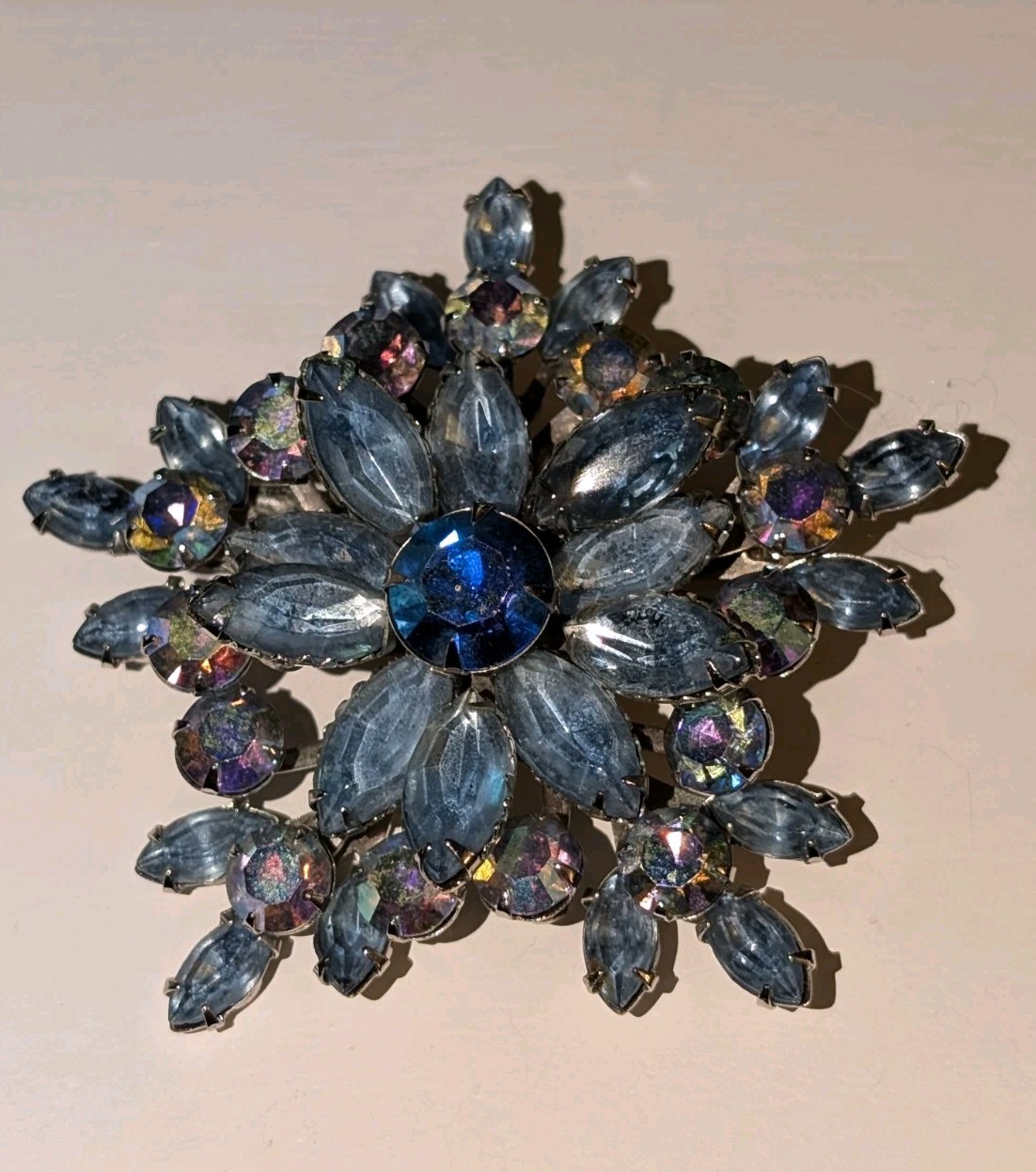 Vintage Ice-Blue Rhinestone Snowflake Brooch & Clip Earrings Set, AB, 1960s