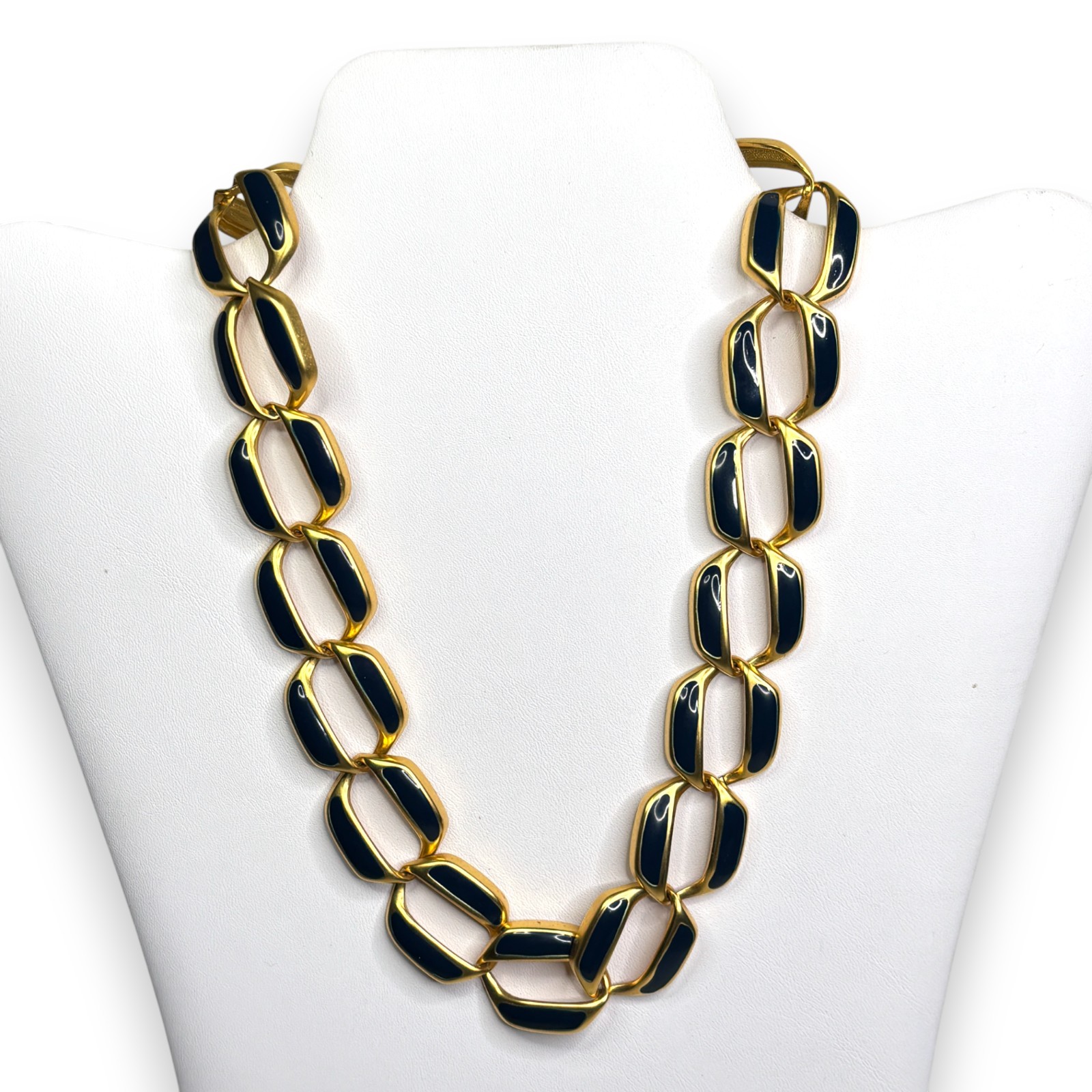 1980s Gold-Tone Navy Enamel Chunky Oversize Link Necklace 16″ Fold-Over Clasp