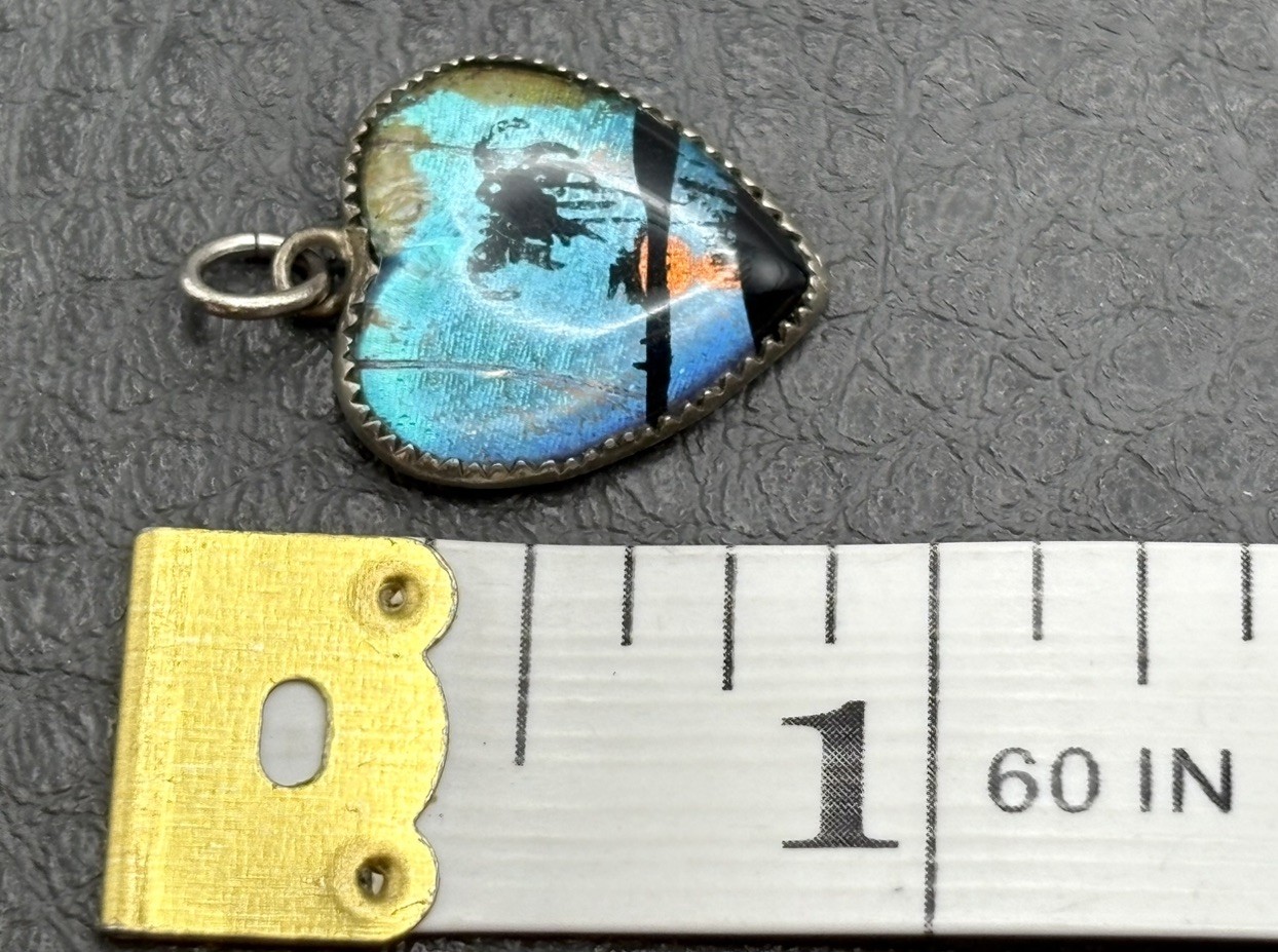 Morpho Heart Shaped Tropical Sunset Pendant Palm Tree Charm Vintage Silver Tone