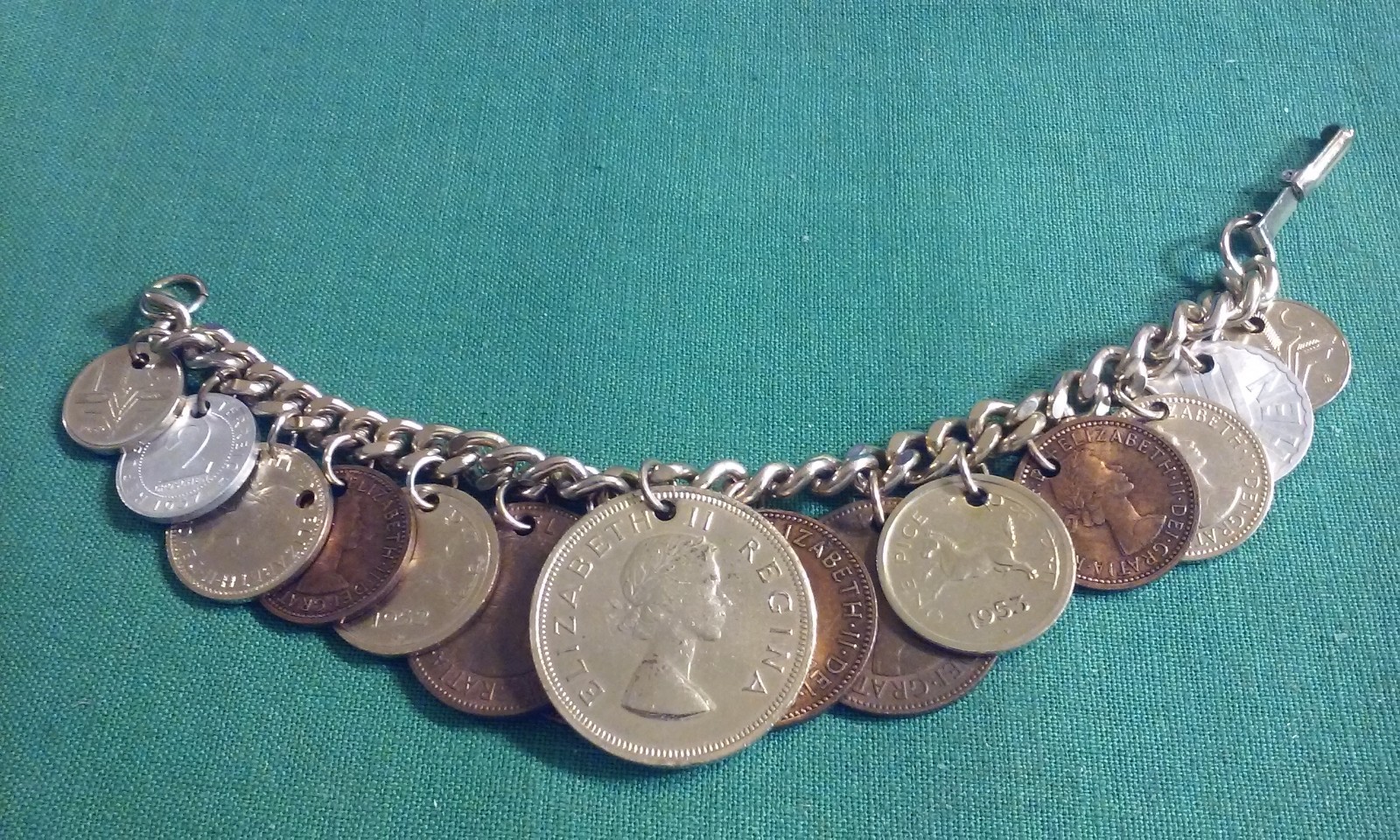 Vintage 15 RARE 1950’s Coin Charm Bracelet South Africa, India, Osterreich 8″