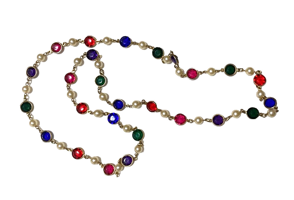 VTG 1980S JEWEL TONE GLASS BEAD NECKLACE FACETED PURPLE GREEN RED FAUX PEARL 36″