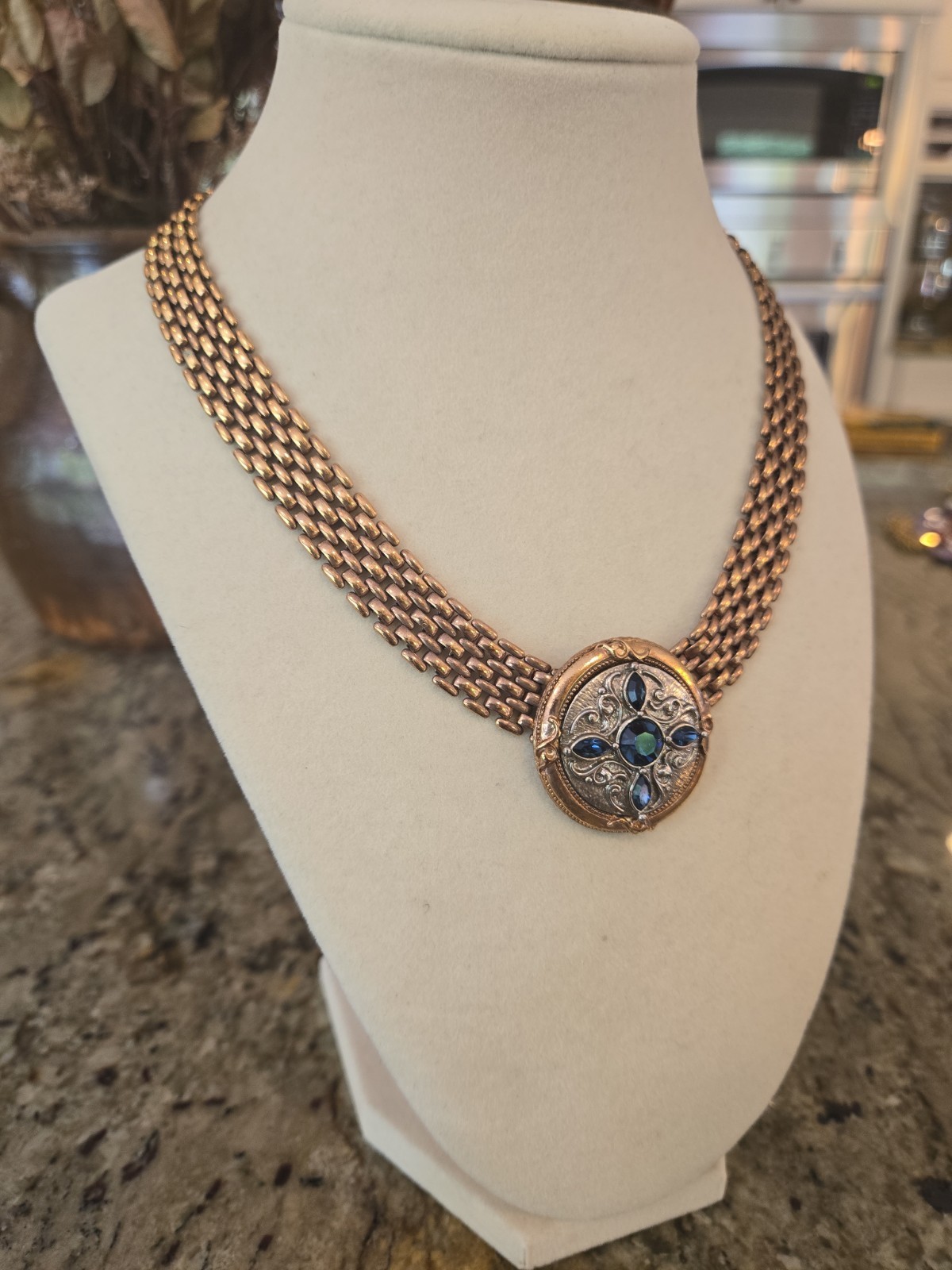 Vintage Victorian Revival Necklace Faux Sapphire Gold Tone