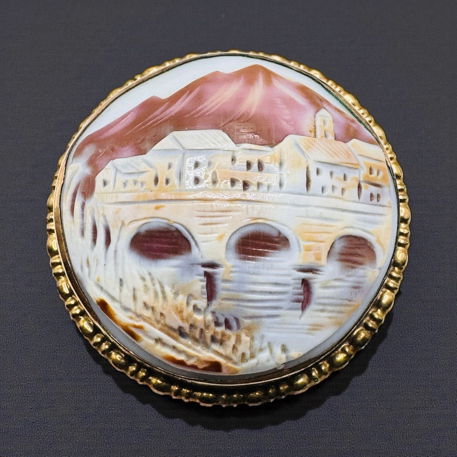 Vintage Gold Filled? Scenic Carved Shell Cameo Brooch Beautiful