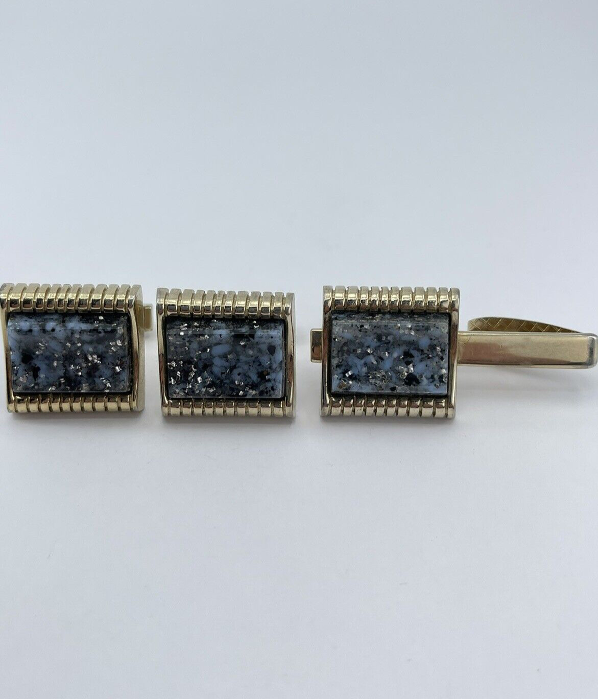 Cufflinks and Tie Clip Set concave glass rectangle gold tone