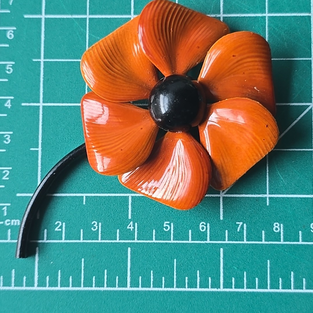 Vintage Enameled Orange/Black Flower Pin Brooch