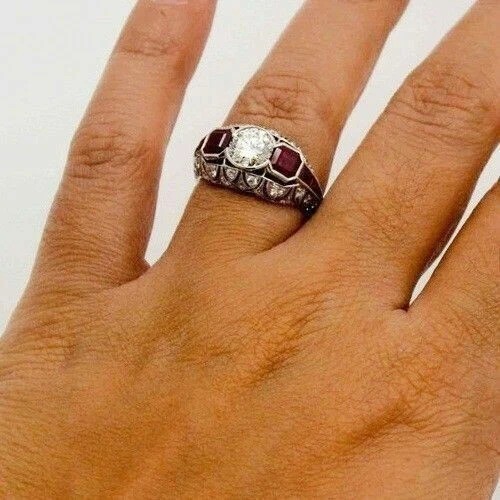 Art Deco Style Lab Created Diamond & Ruby Anniversary 14K White Gold Finish Ring